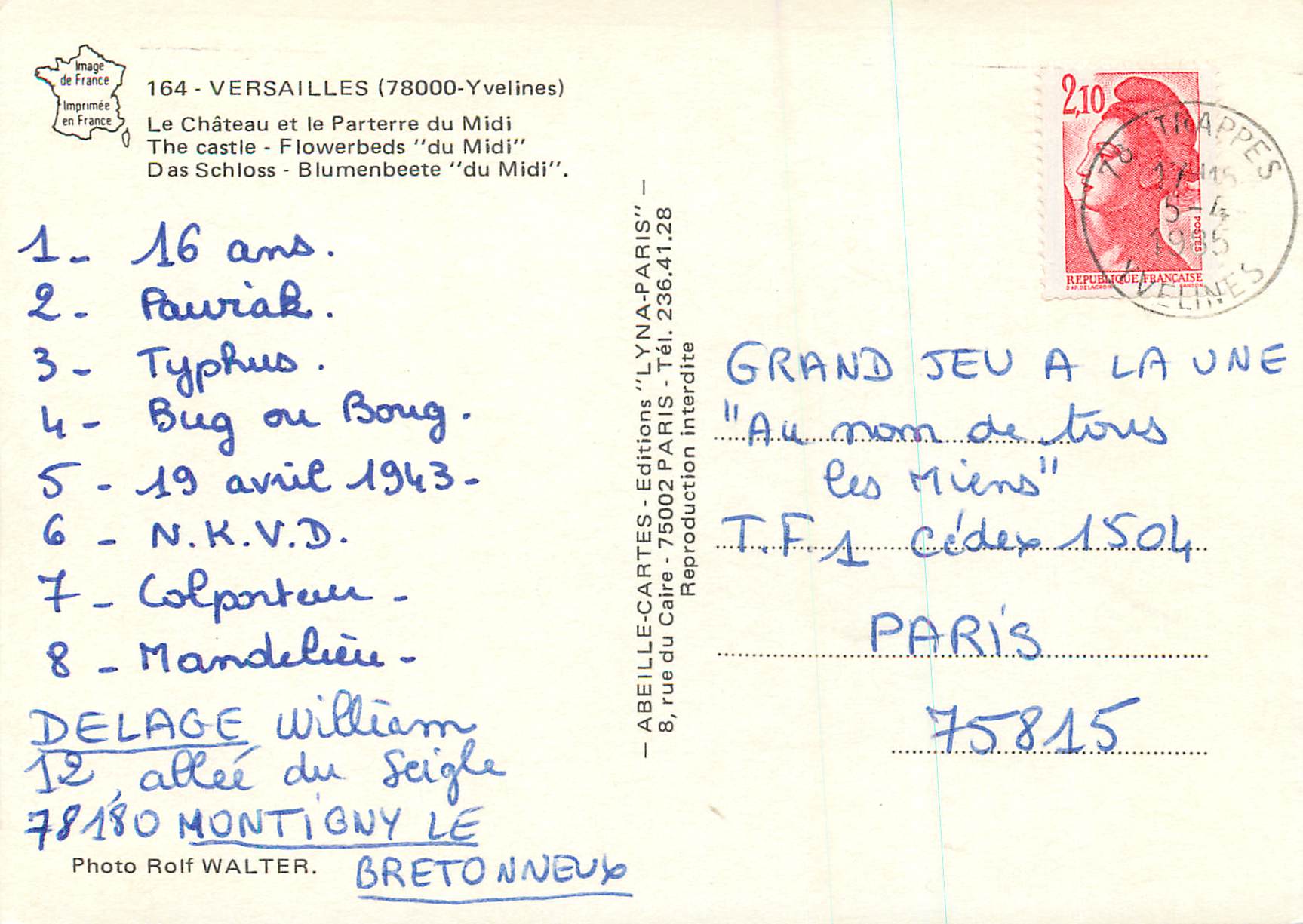 Château de Versailles — Parterre du Midi — Éditions 'LYNA-PARIS' — Verso