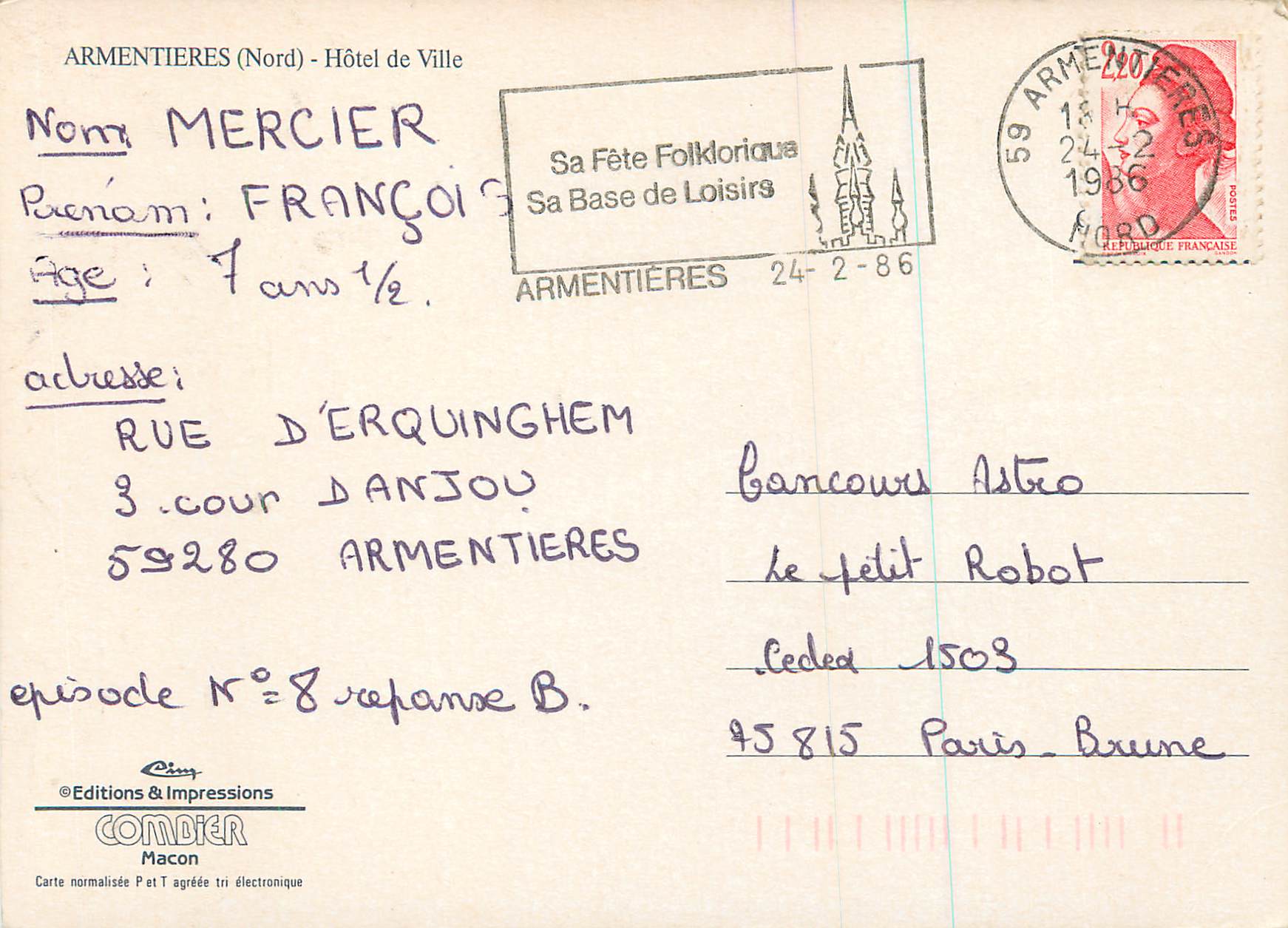 CPM Armentieres Nord Hotel de Ville  — Back