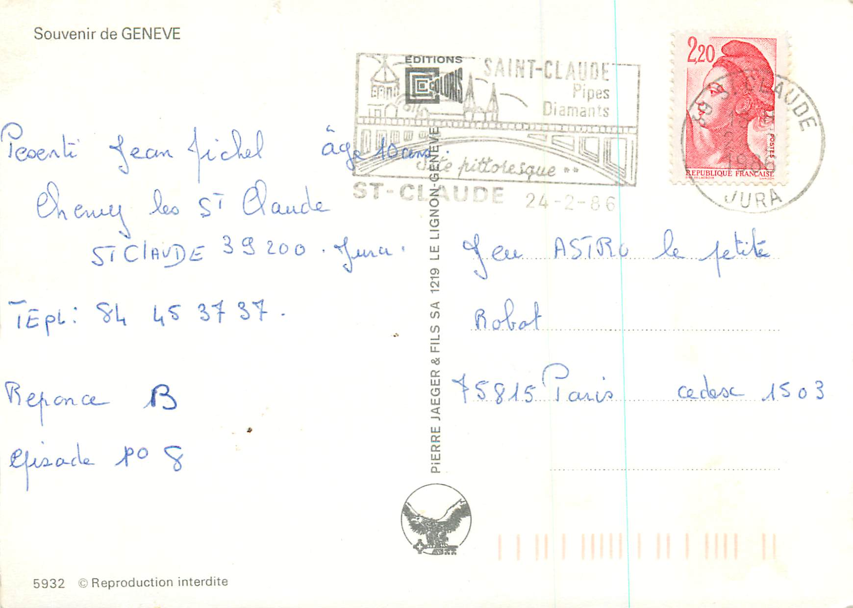 CPM Souvenir de Geneve  — Verso