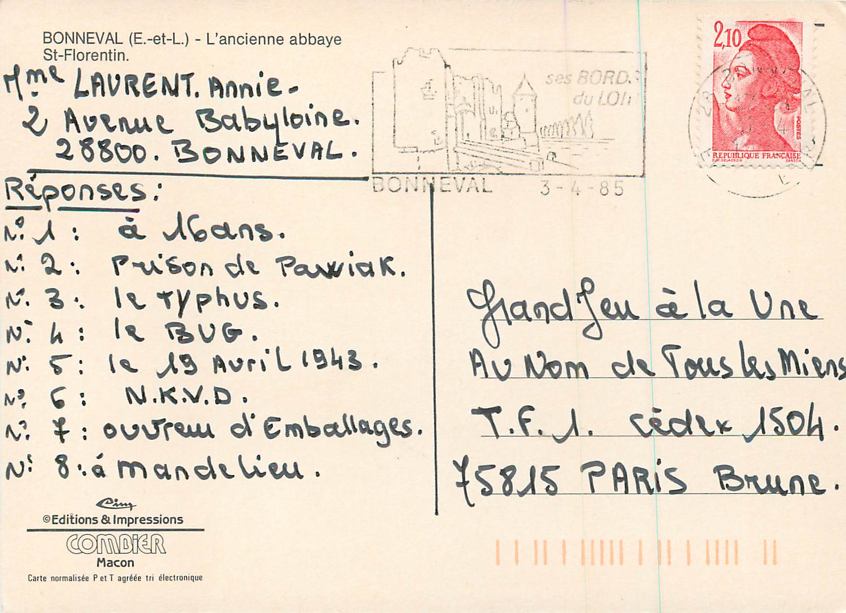 CPM Bonneval E et L L ancienne abbaye St Florentin  — Rückseite