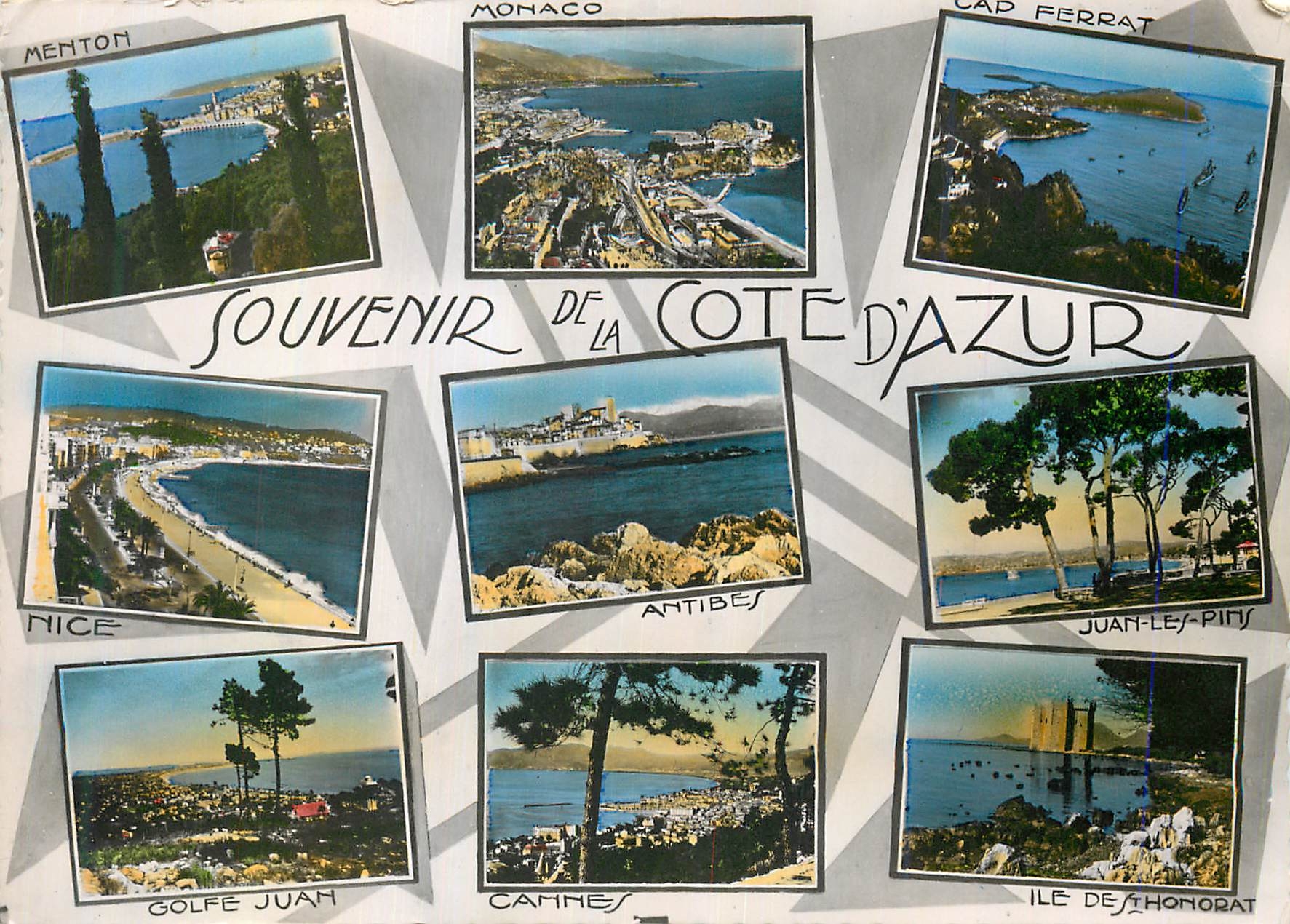 CPM Souvenir de la Cote d Azur Menton Monaco Cap Ferrat Nice Antibes Juan les Pins Golfe Juan Cannes Ile de St Honorat