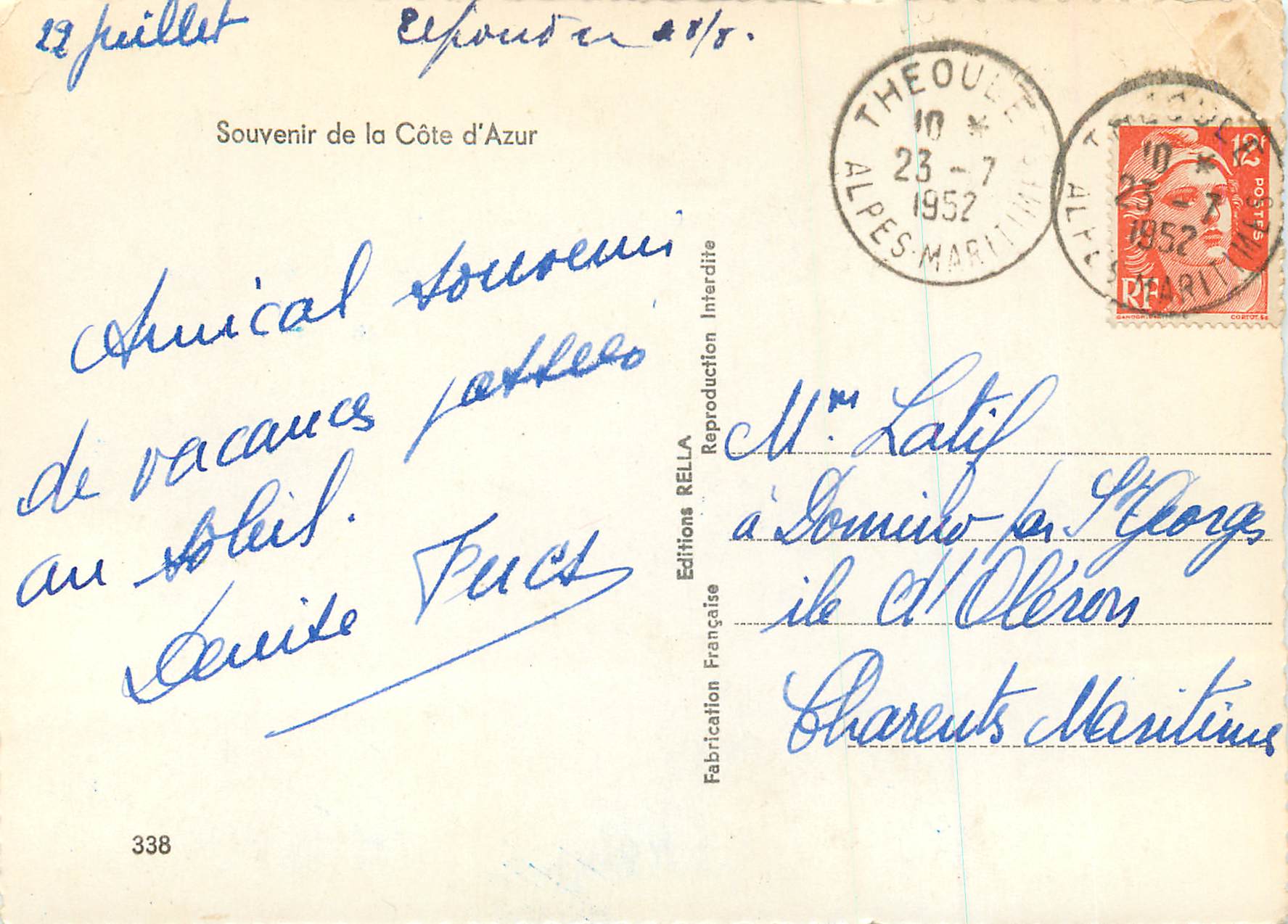 CPM Souvenir de la Cote d Azur Menton Monaco Cap Ferrat Nice Antibes Juan les Pins Golfe Juan Cannes Ile de St Honorat — Verso