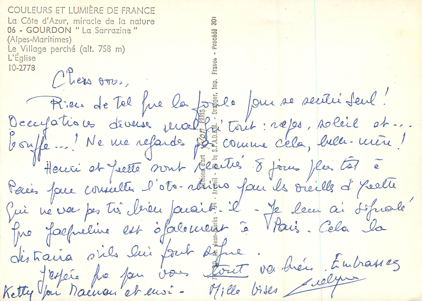 CPM Gourdon La Sarrazine Alpes Maritimes Le village perche L Eglise  — Rückseite