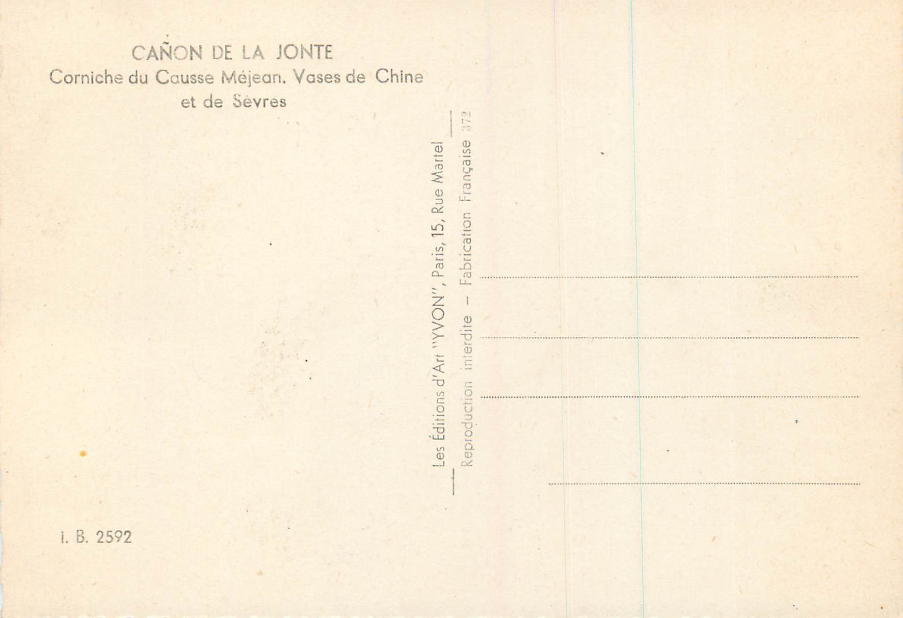 Cañon de la Jonte — Corniche du Causse Méjean, Vases de Chine — Éditions d'Art 'YVON', Paris — Rückseite