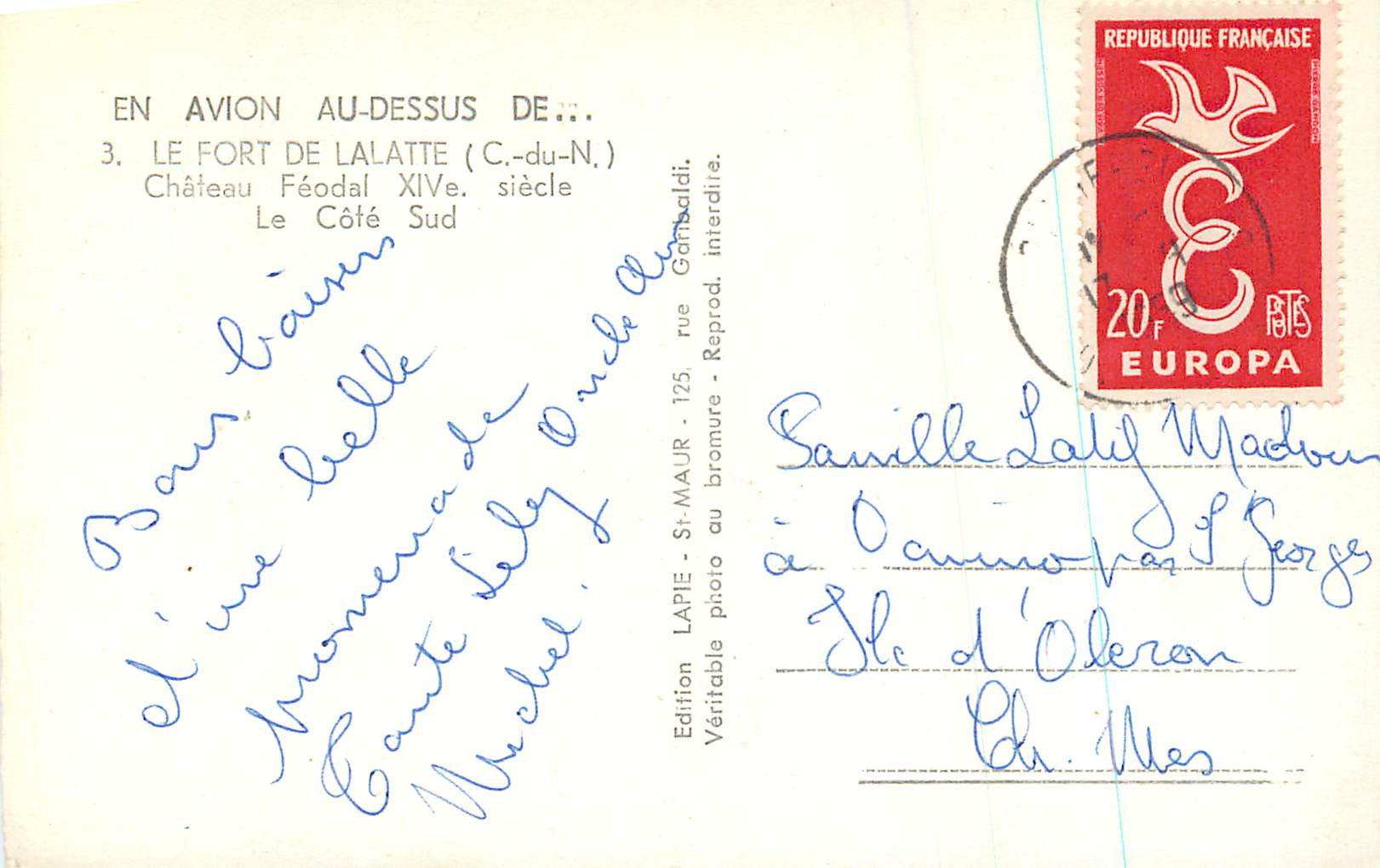 Le Fort de Lalatte — Château féodal XIVe siècle — Édition Lapie Service Aérien — Verso