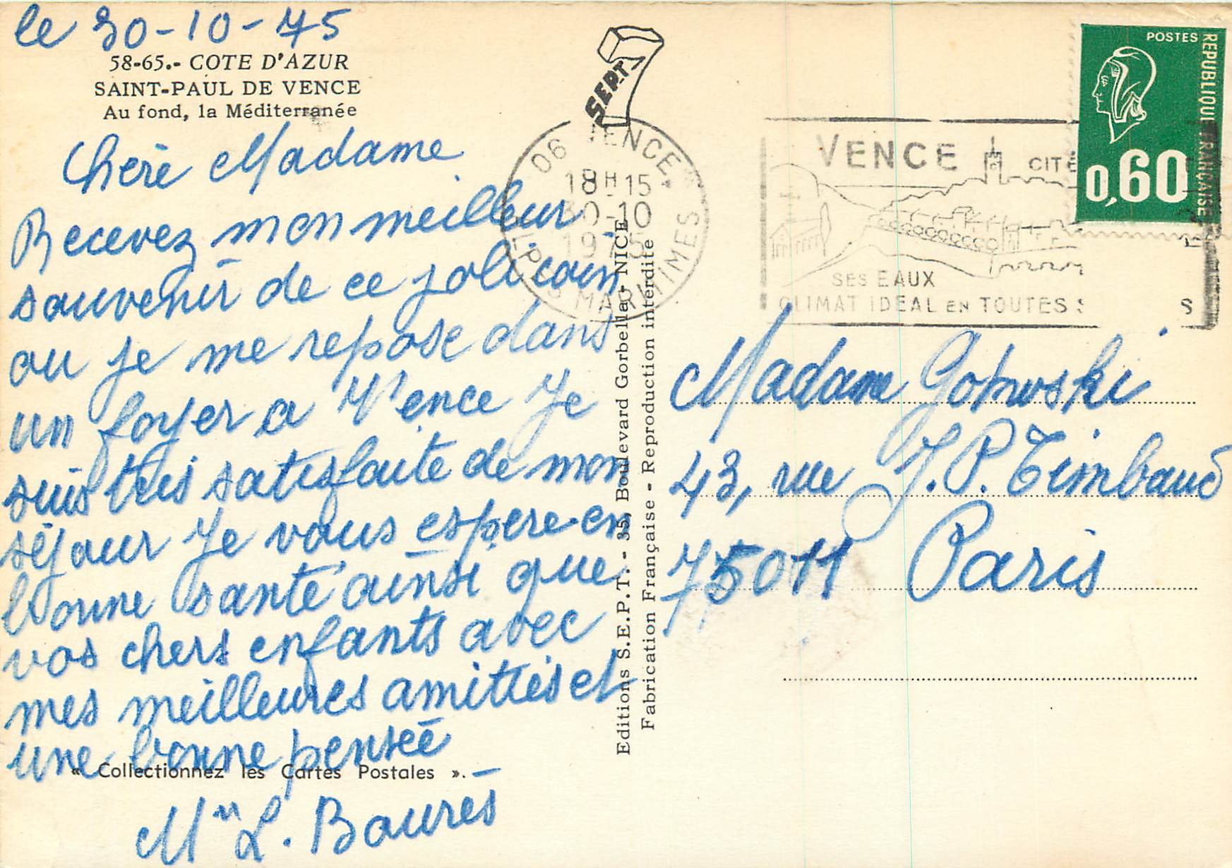 CPM Saint Paul de Vence Au fond la Mediterranee  — Rückseite