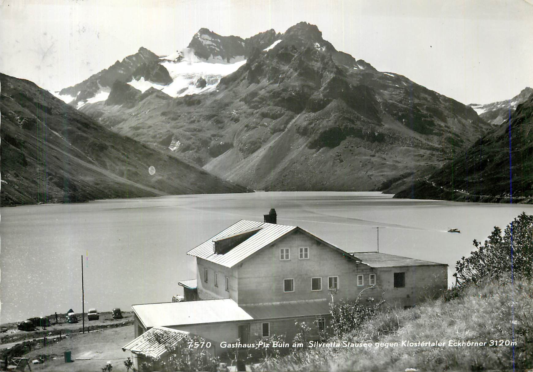 Guesthouse Piz Buin at Silvretta Reservoir facing Klostertaler Eckhörner — 7570 — publisher not visible