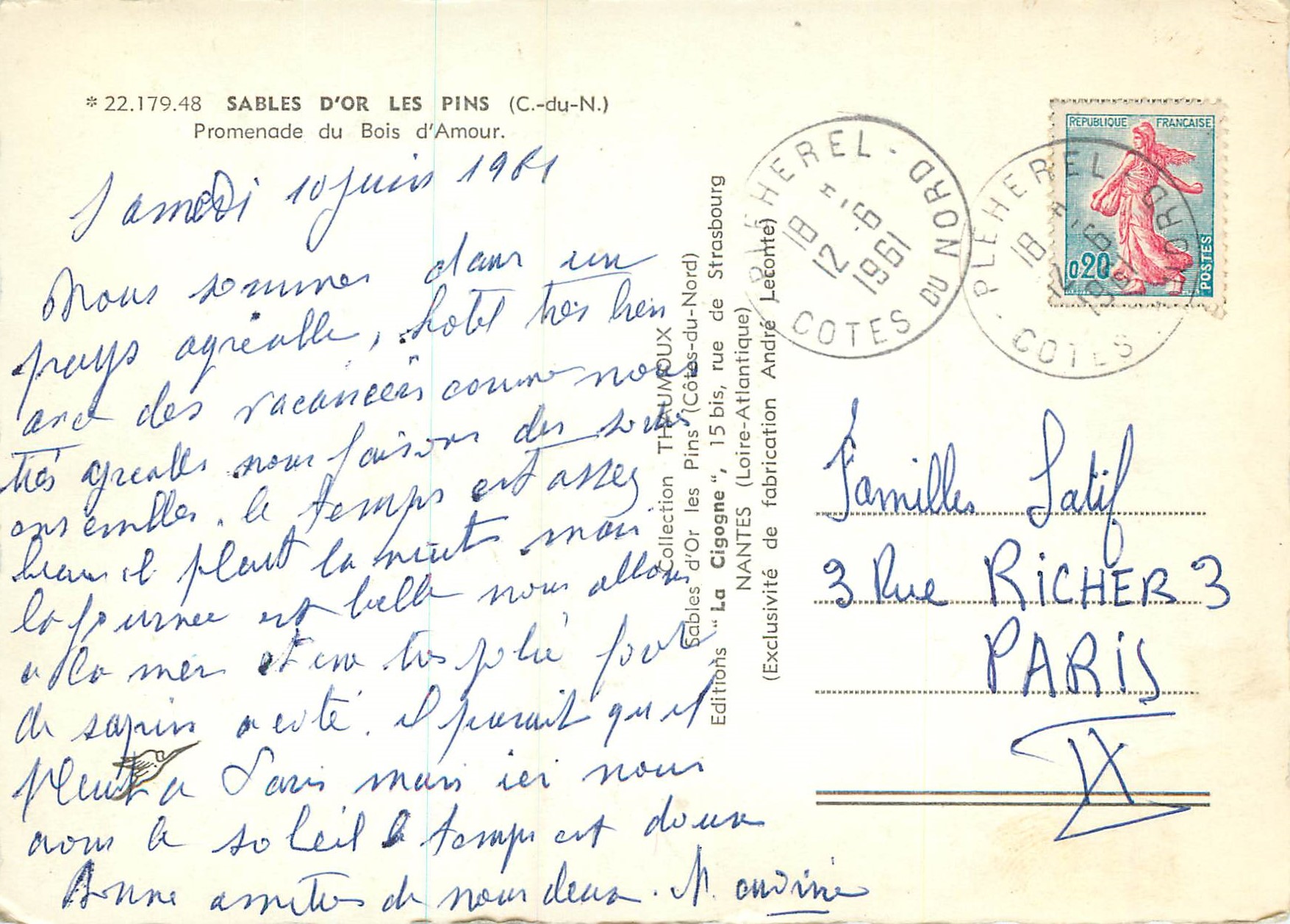 CPA Sables d Or Les Pins C du N Promenade du Bois d Amour  — Verso