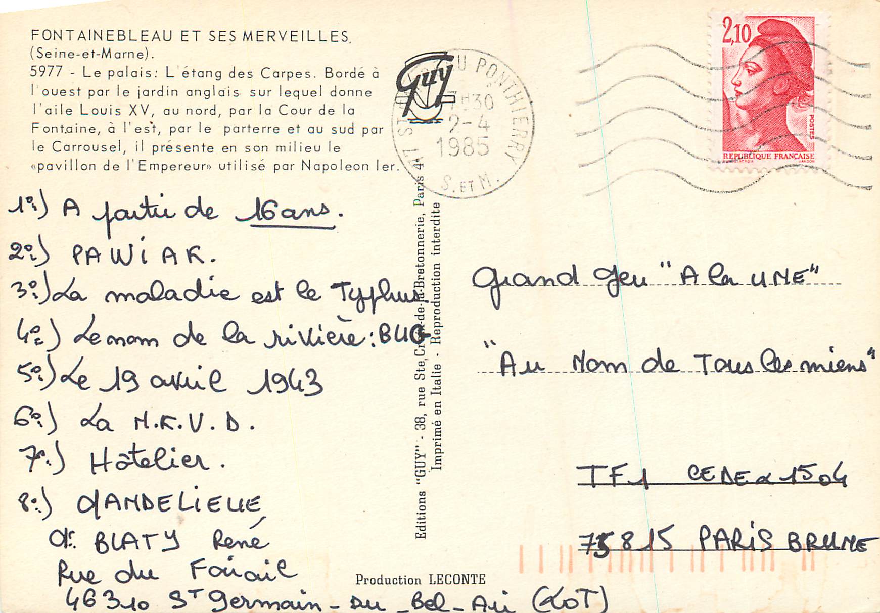 Fontainebleau and its Wonders — Publisher Guy, no. 5977 — Back