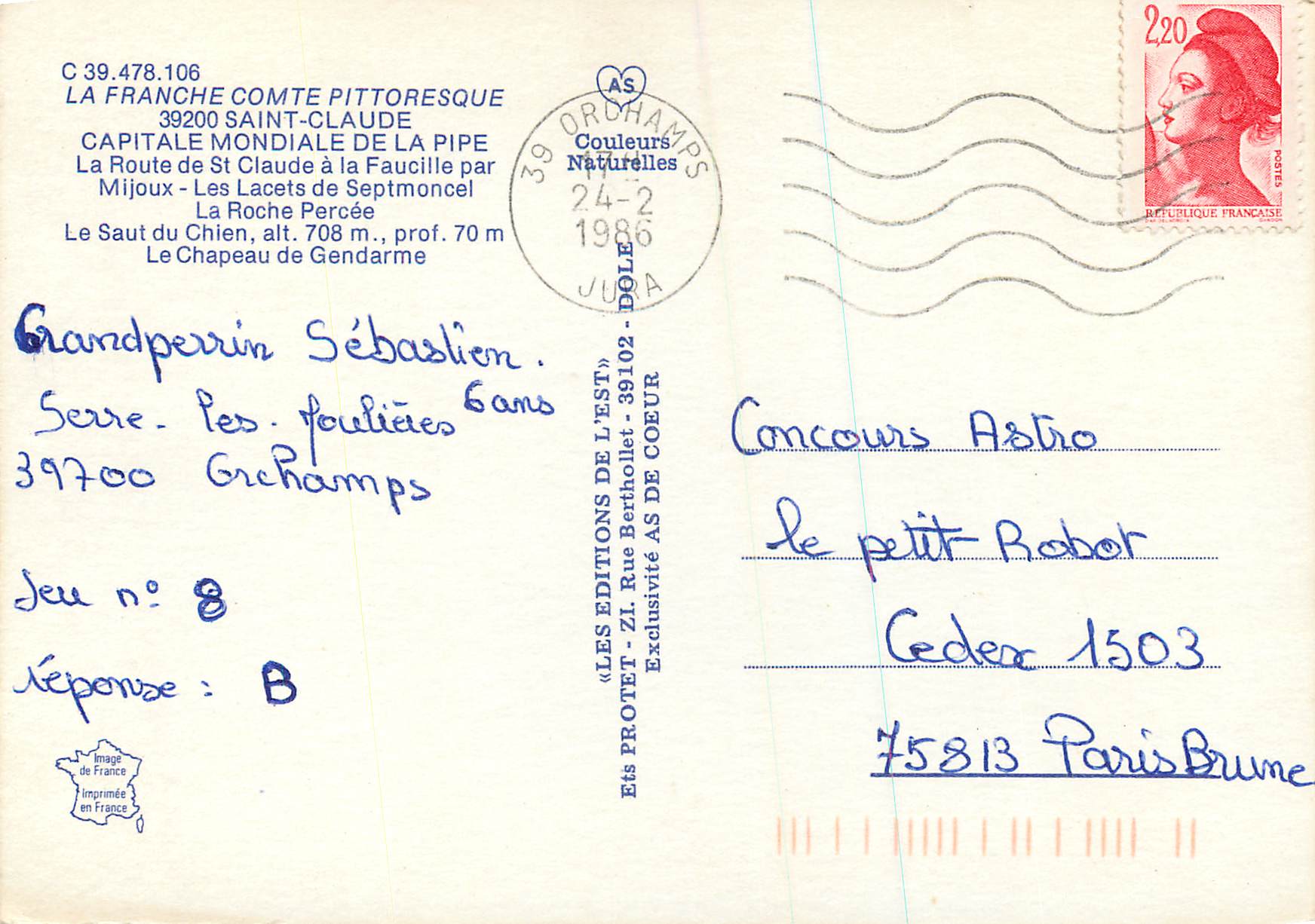 CPA Sainte Claude Capitale Mondiale de la Pipe La Route de St Claude a la Faucille  — Rückseite