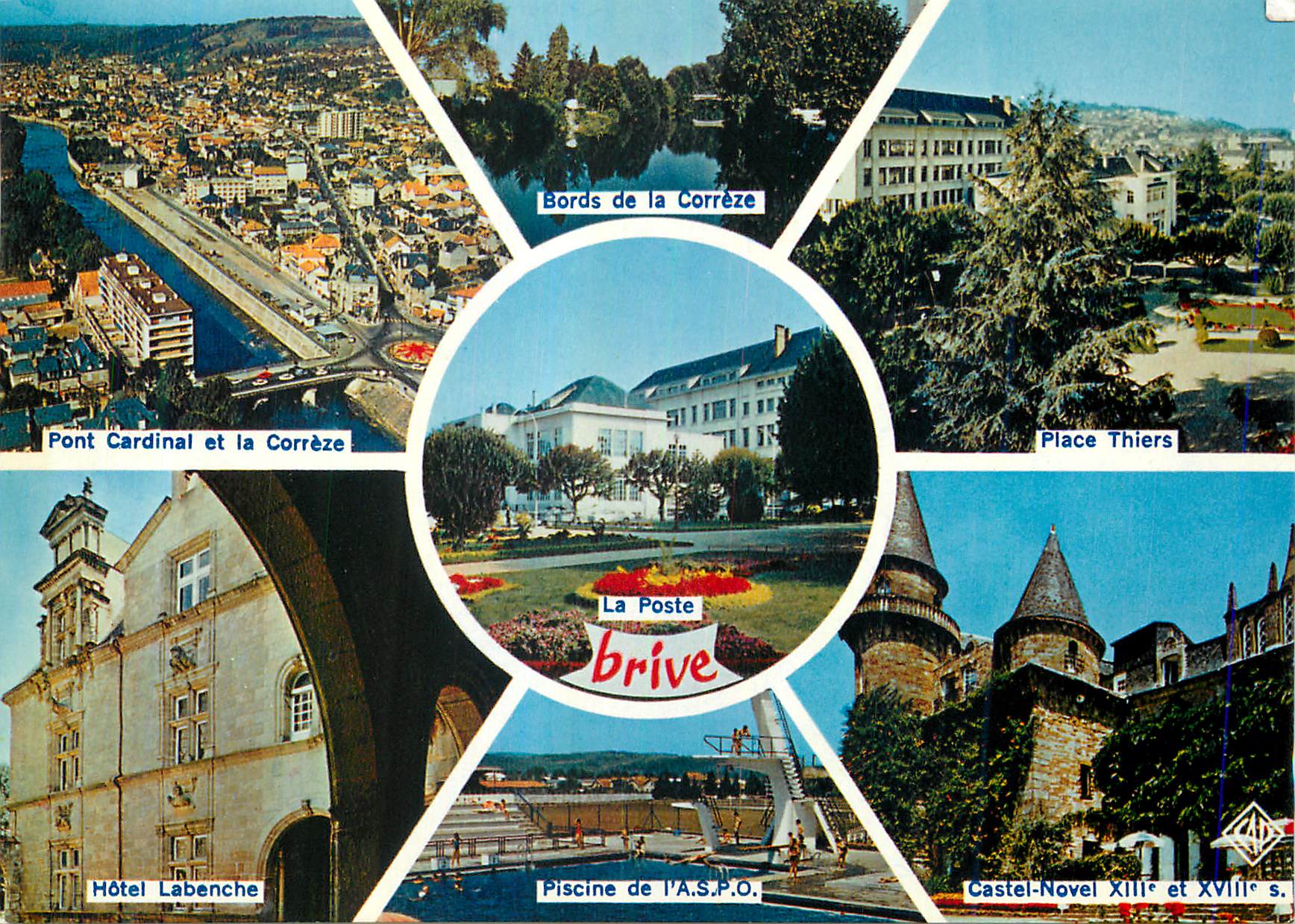 CPA Brive Correze Pont Cardinal et la Correze Bords de la Correze Place Thiers Hotel Labenche Piscine de l'ASPO Castel N