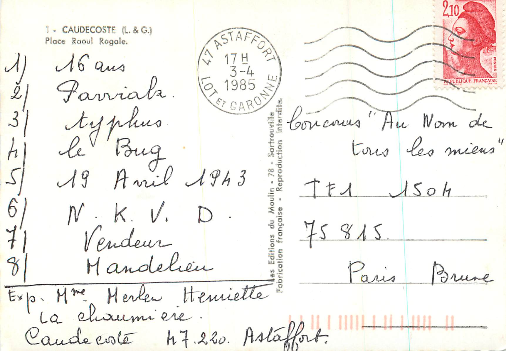 CPA Caudecoste Place Raoul Regale Station Service Fina — Back