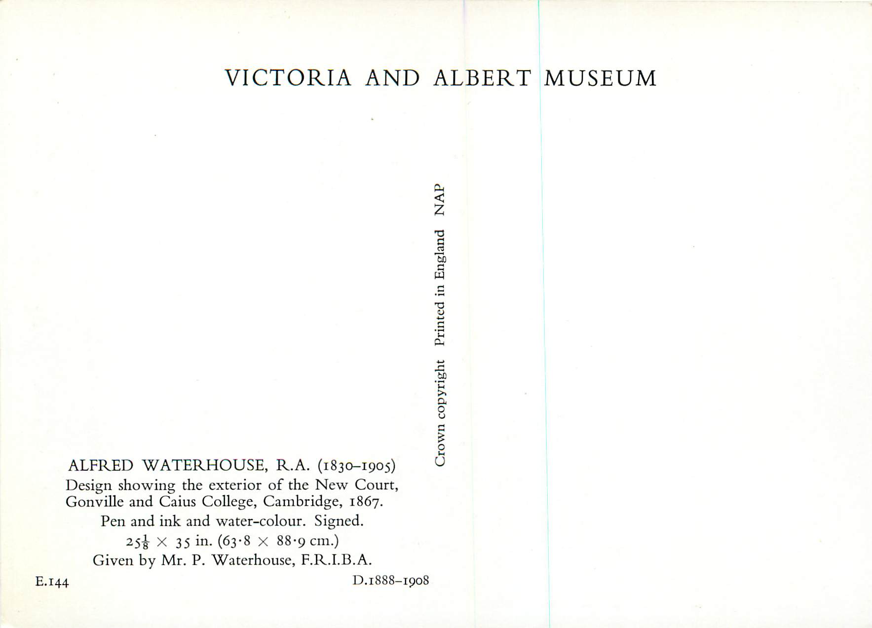 CPM Alfred Waterhouse Design showing the exterior of the New Court Victoria and Albert Museum  — Rückseite
