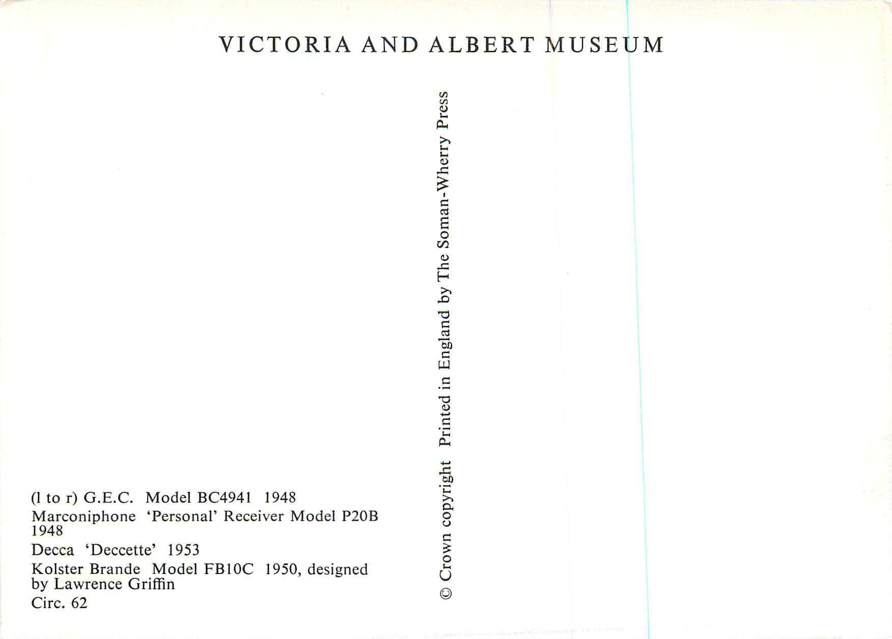 CPM Marconiphone Personal Receiver Victoria and Albert Museum Kolster Brand Lawrence Griffin — Rückseite