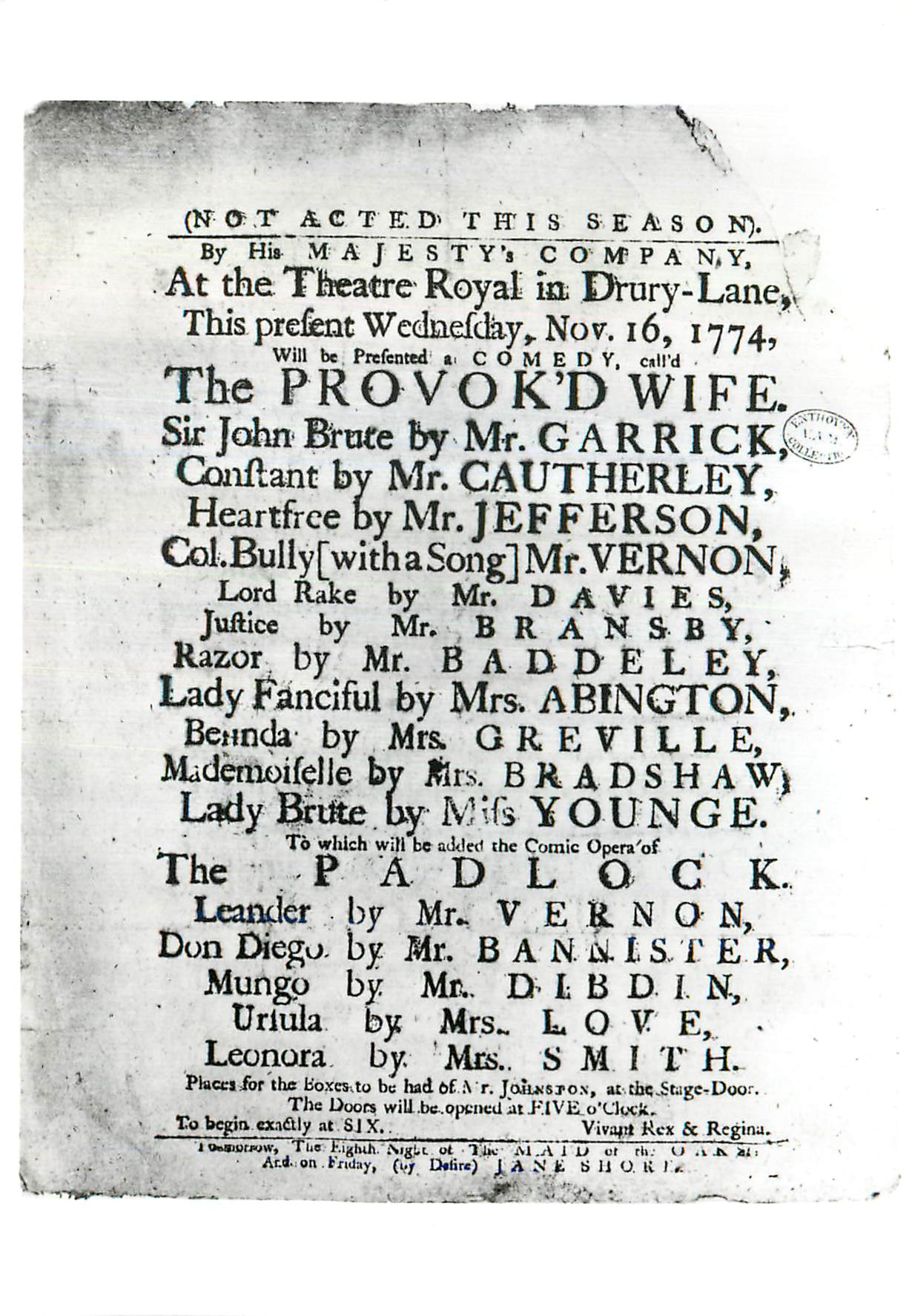 CPM Playbill for the performance of the Provokd Wife Victoria and Albert Museum Enthoven Collection