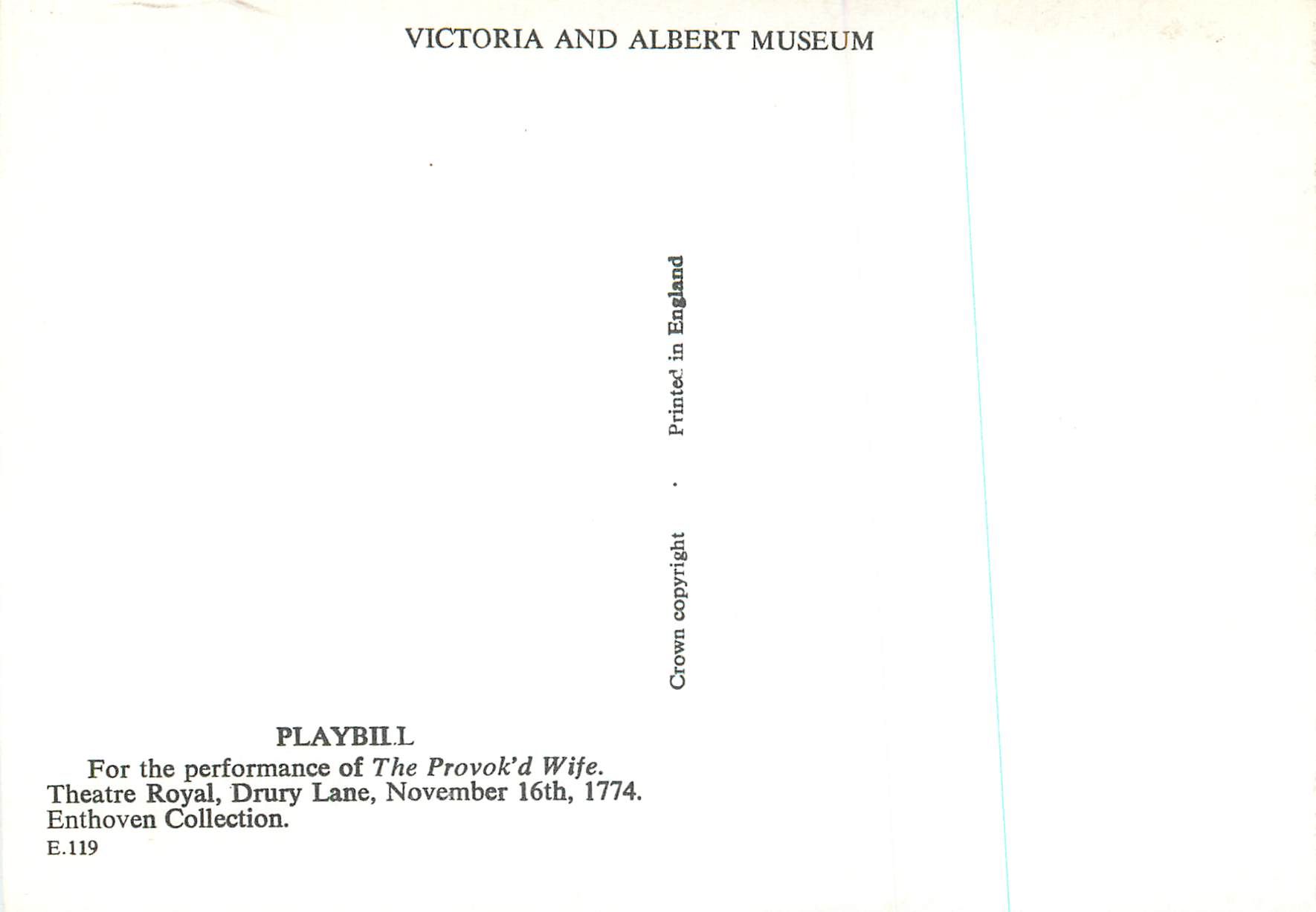CPM Playbill for the performance of the Provokd Wife Victoria and Albert Museum Enthoven Collection — Rückseite