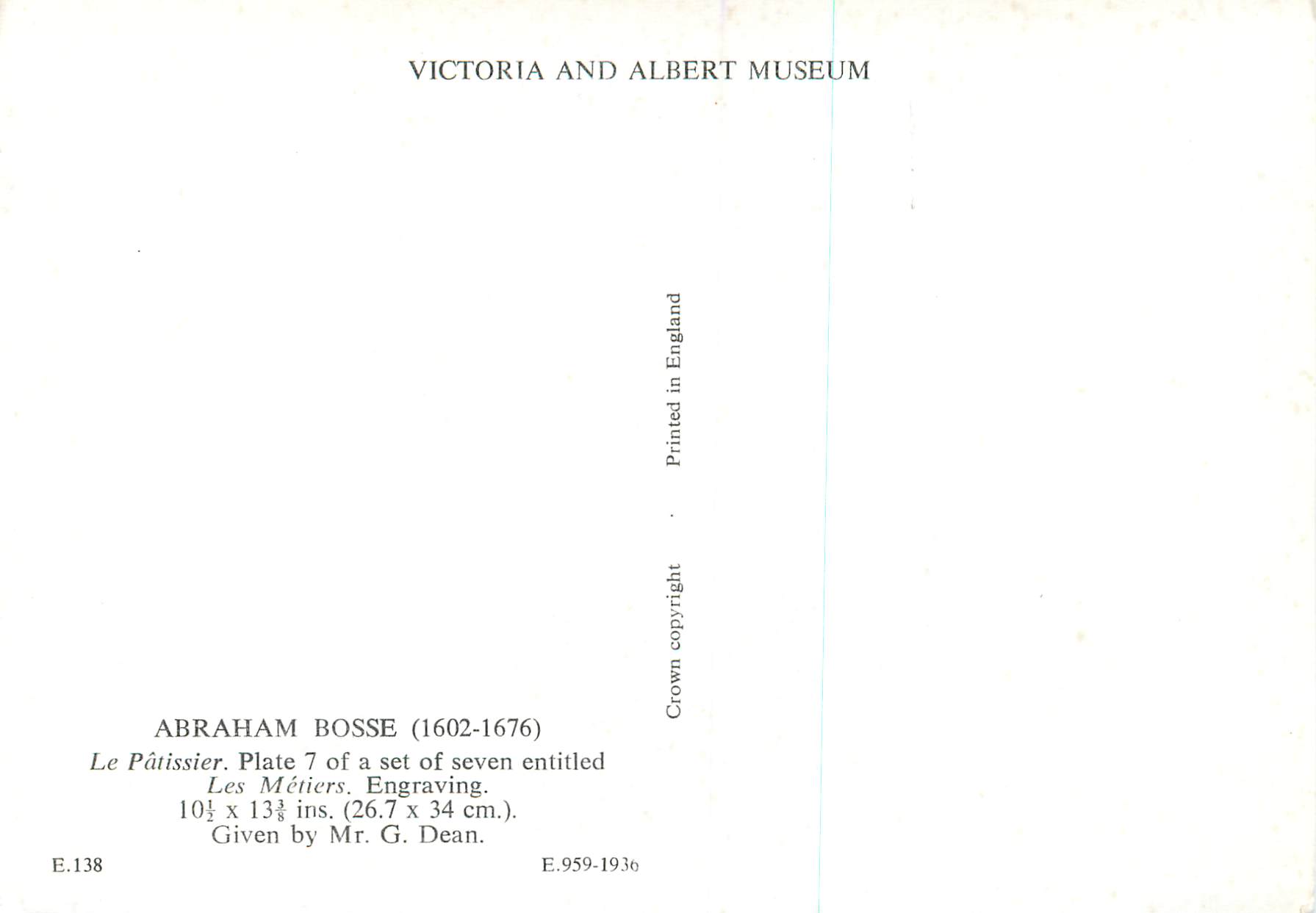 CPM Abraham Bose Le Patissier Victoria and Albert Museum Le patissier Les metiers — Verso