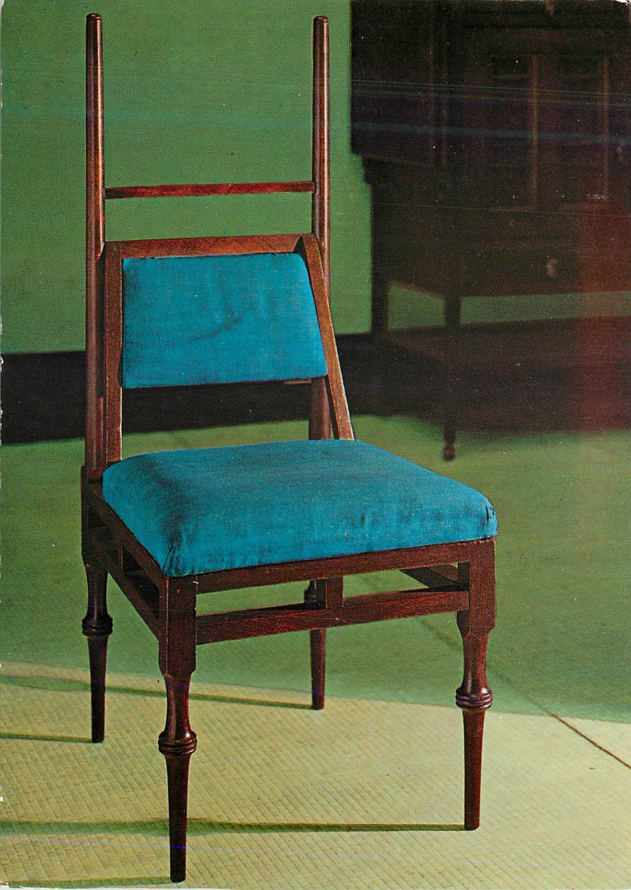 CPM Ebonised Oak Chair With upholstered seat and bac and turned decoration on the legs Victoria and Albert Museum Godwin