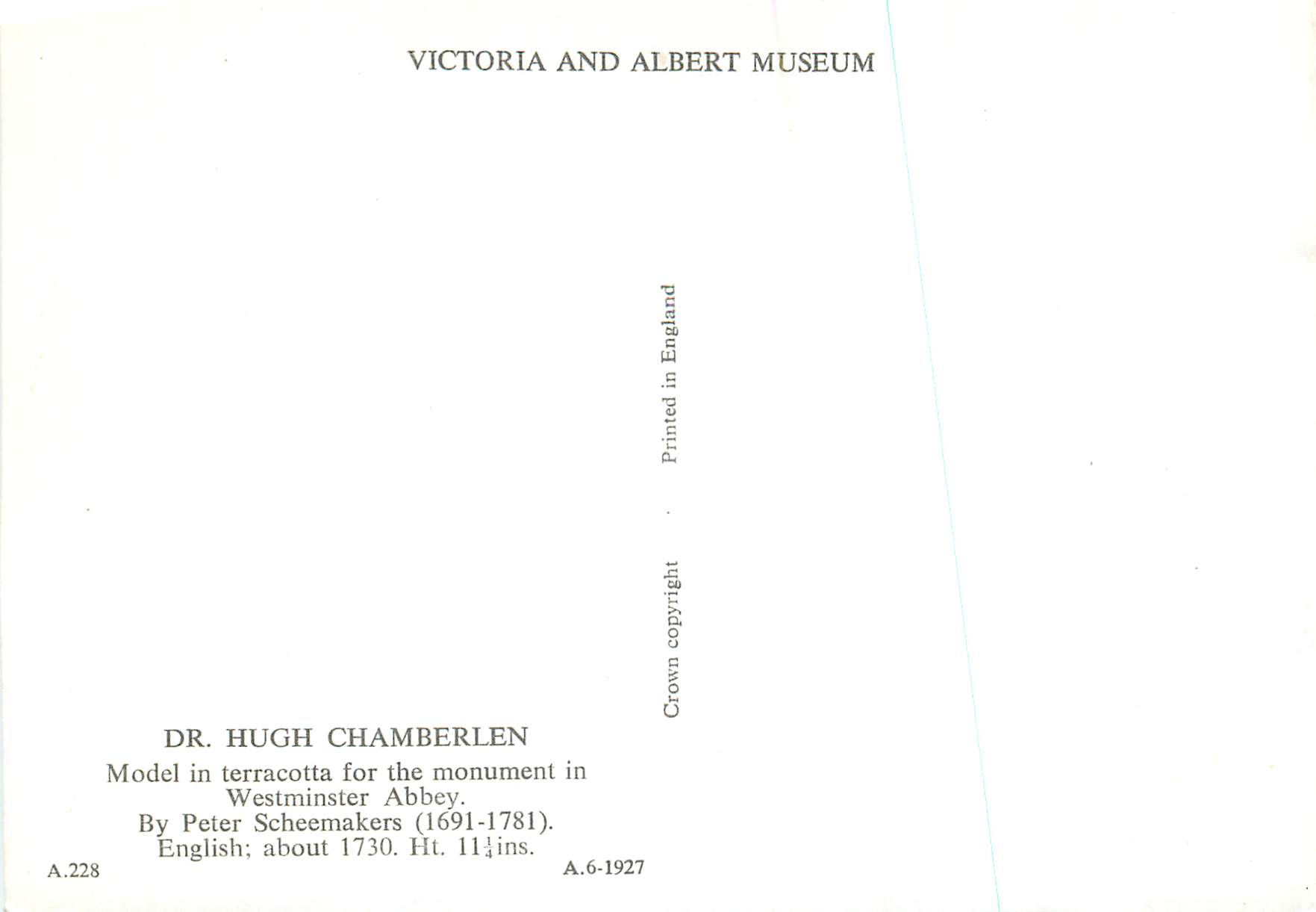 CPM Dr Hugh Chamberlein Model in terracota for the monument in Westminster Abbey Victoria and Albert Museum  — Rückseite