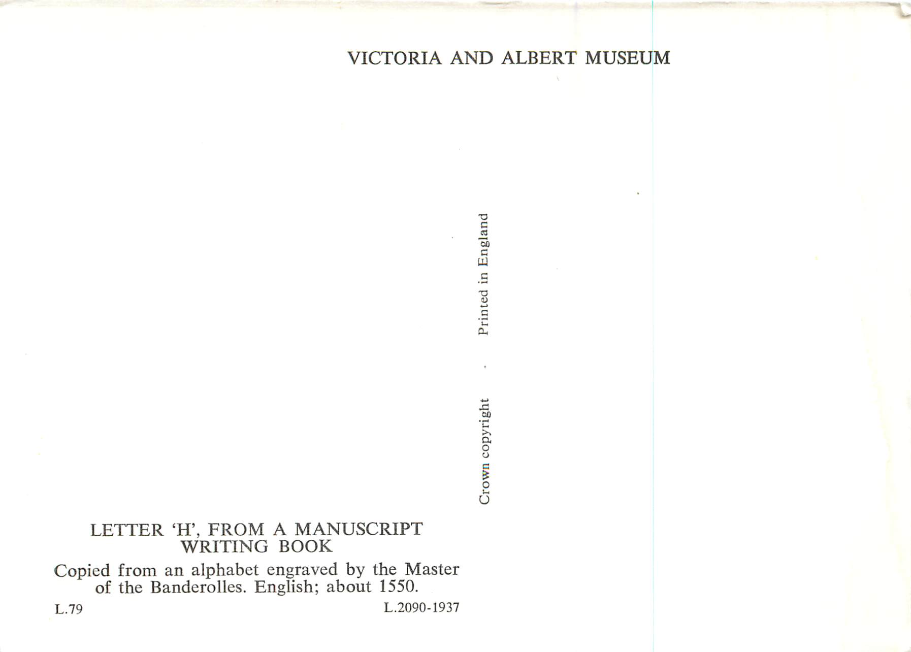 CPM Letter H from a manuscript writing book Victoria and Albert Museum  — Rückseite