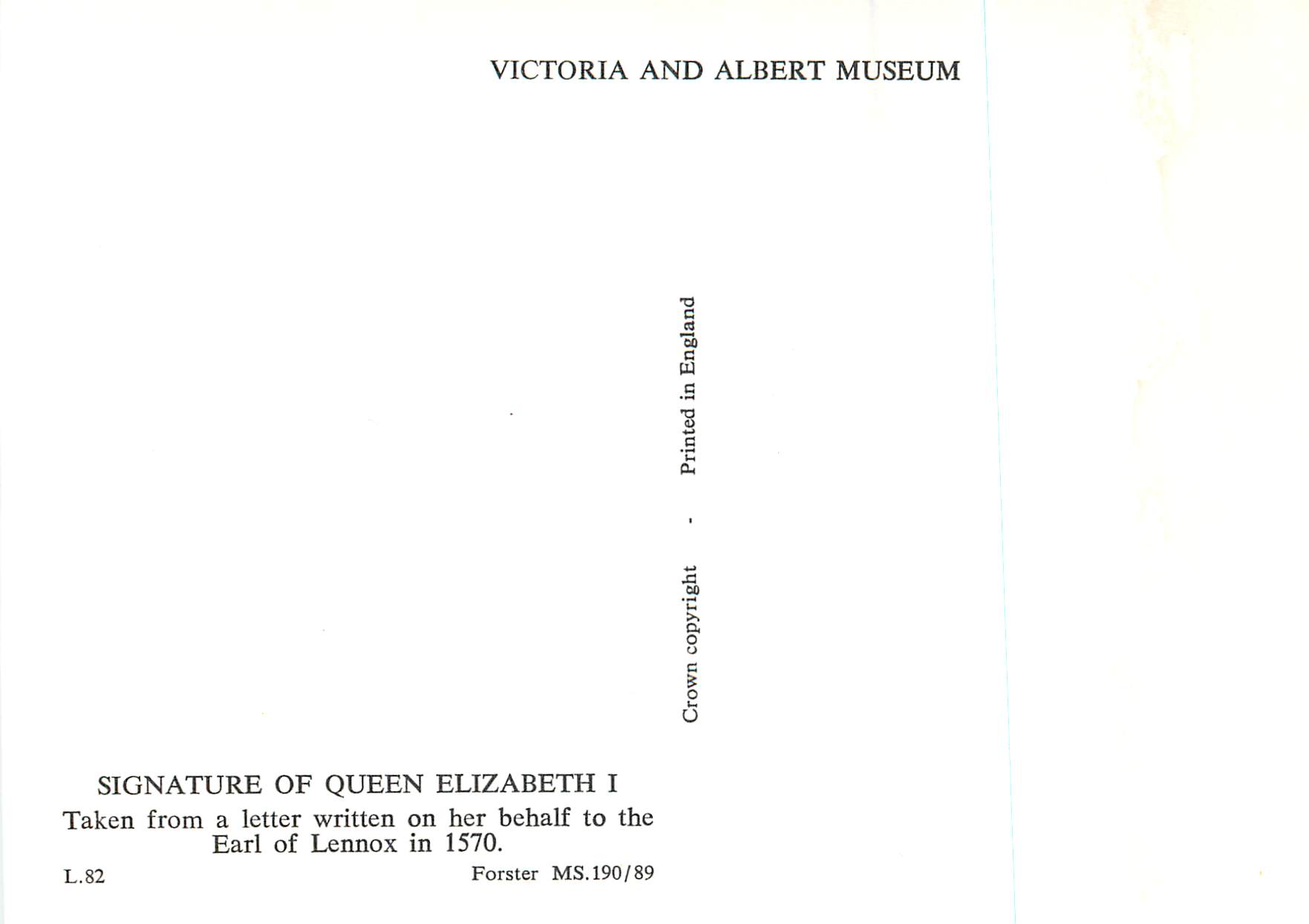 CPM Signature of Queen Elizabeth I Victoria and Albert Museum  — Rückseite