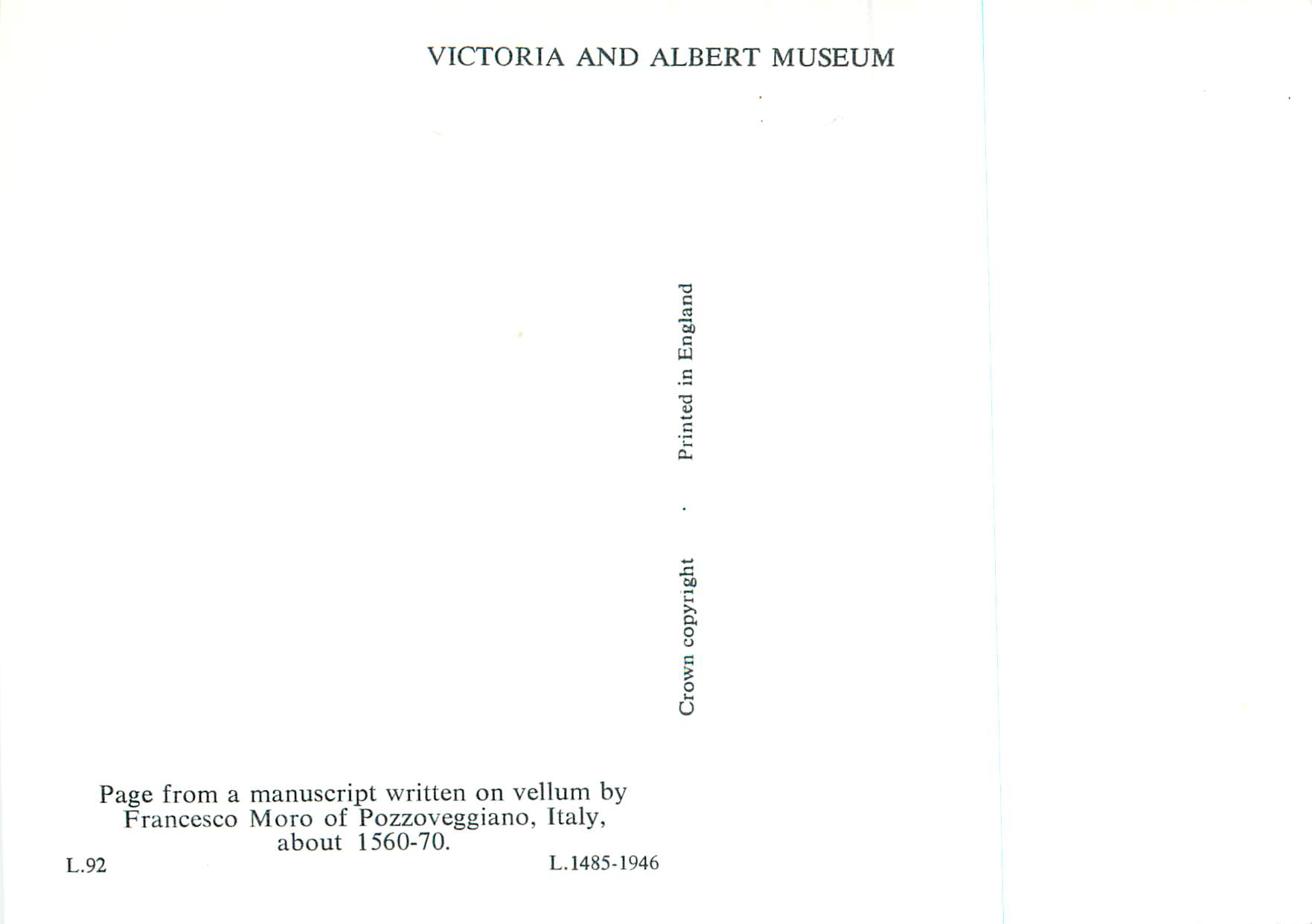 CPM Page from a manuscript written on vellum by Francesco Moro Victoria and Albert Museum  — Verso