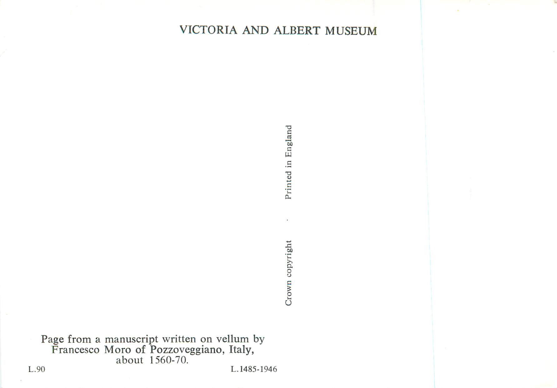 CPM Page from a manuscript written on vellum byy Francesco Moro Victoria and Albert Museum  — Rückseite