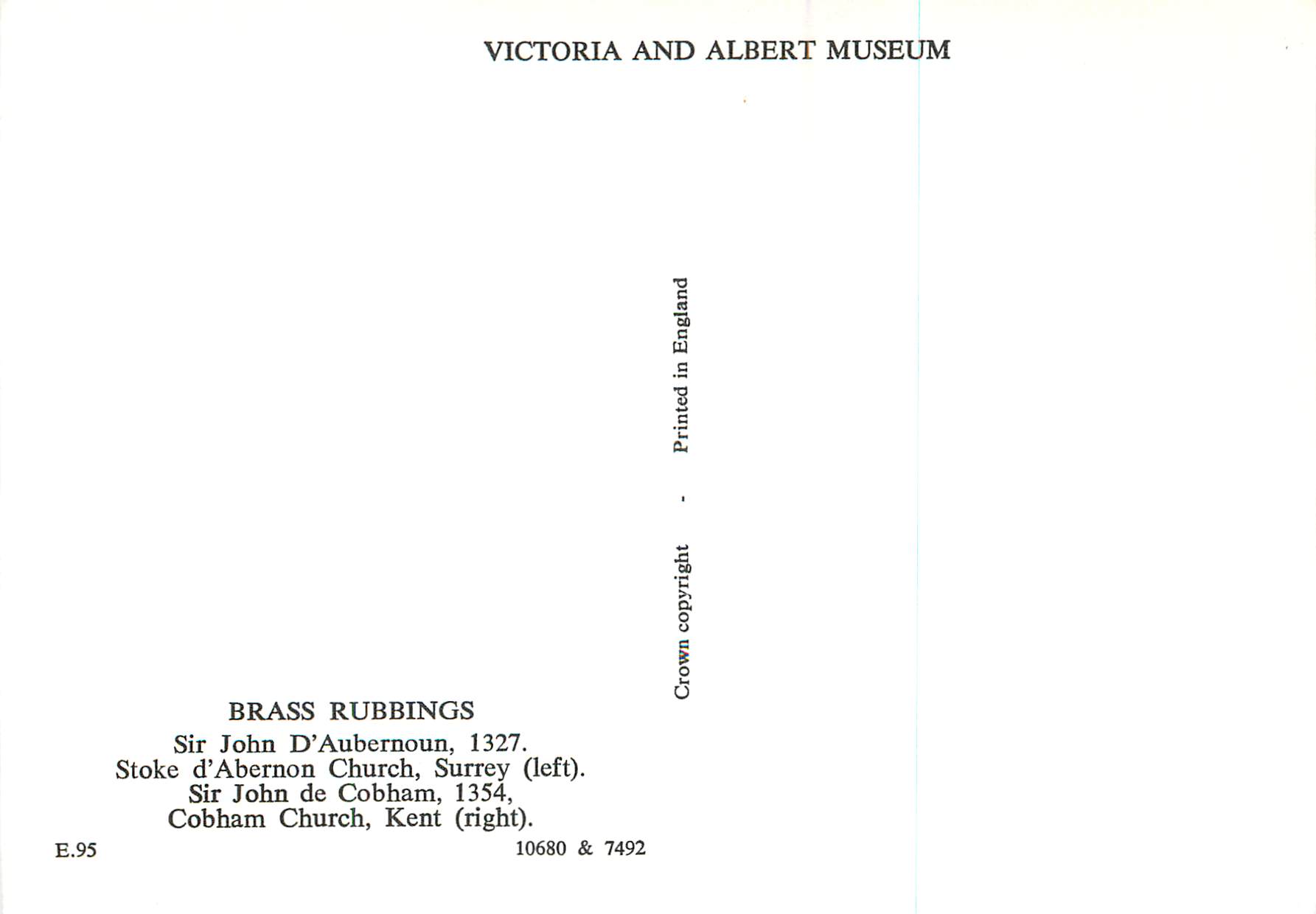 CPM Brass Rubbings Sir John D Aubernoun Victoria and Albert Museum Cobham Church Kent — Rückseite