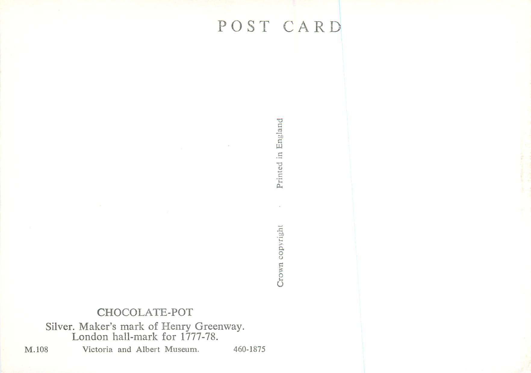 CPM Chocolate pot Silver Makers mark of Henryy Greenway Victoria and Albert Museum  — Verso