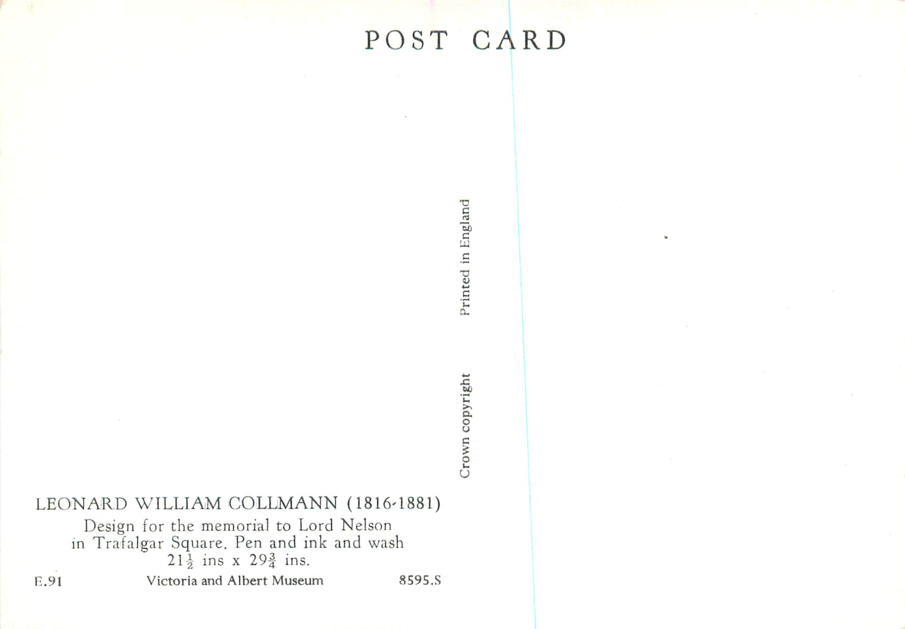 CPM Leonard William Collmann Design for the memorial of Lord Nelson in Trafalgar Square Victoria and Albert Museum  — Back