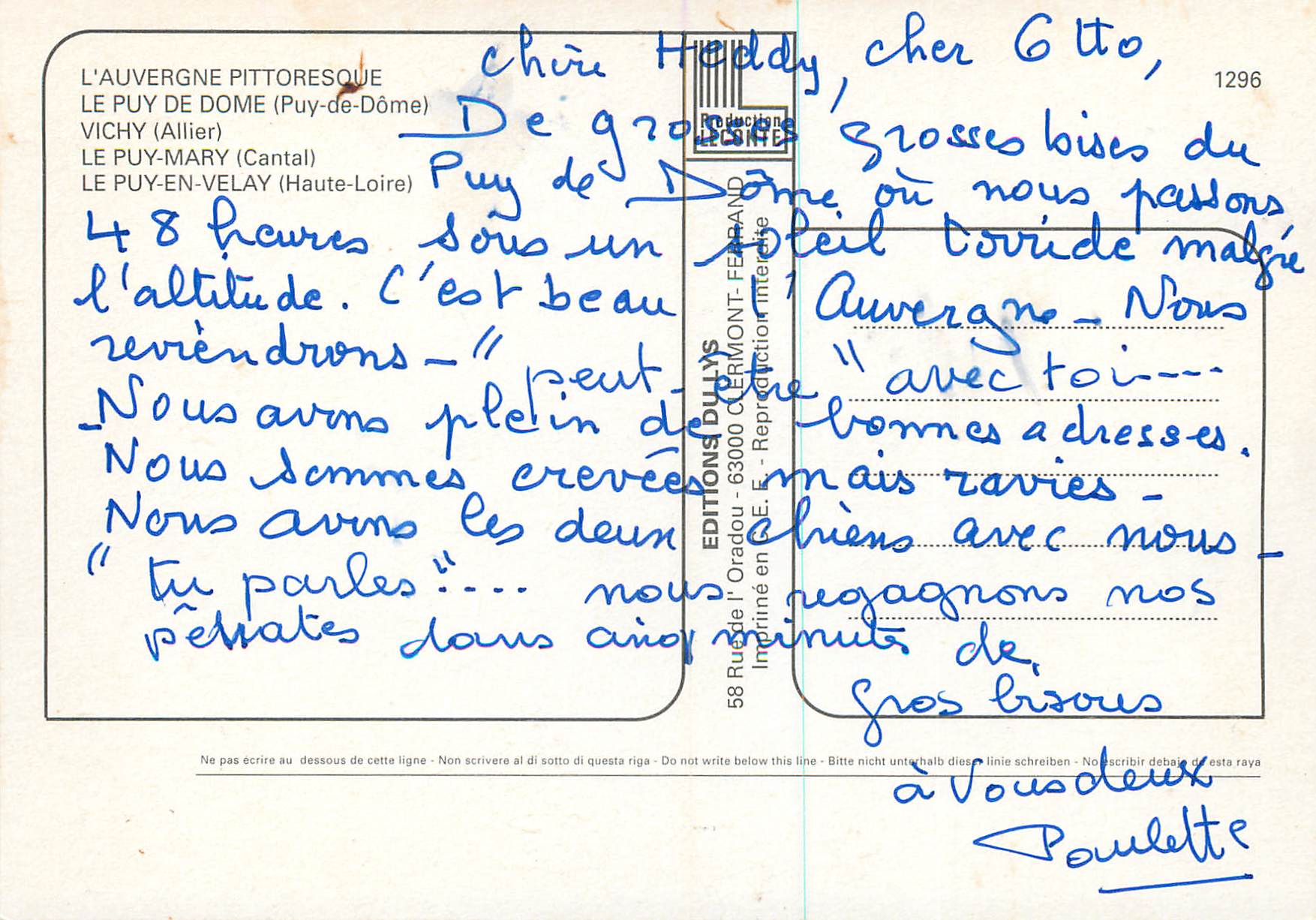 CPM Le Puy de Dome Vichy Allier Le Puy Mary Cantal Le Puy en Velay Haute Loire  — Verso