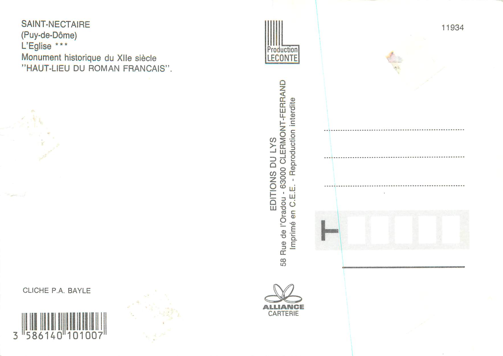 CPM Saint Nectaire Puy de Dome L Eglise  — Verso