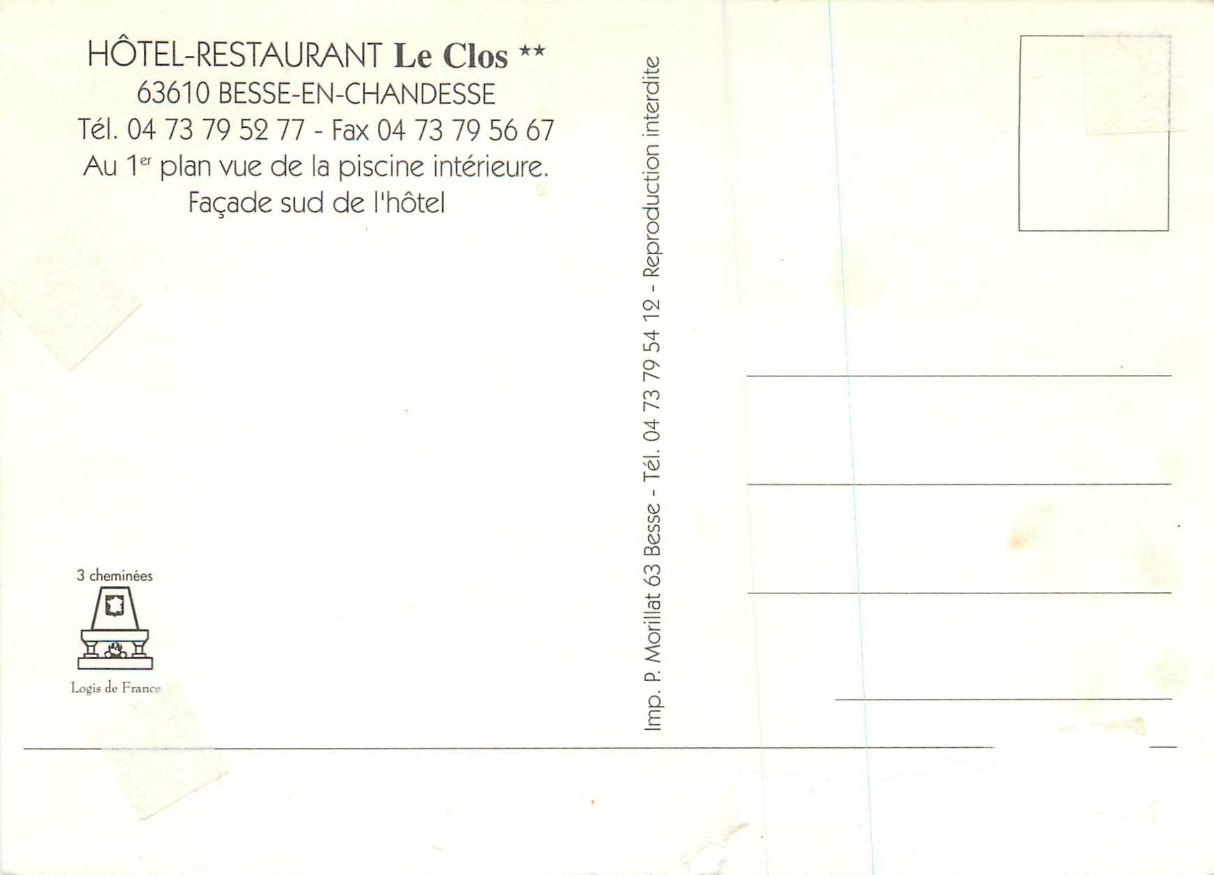 CPM Hotel Restaurant Le Clos Besse en Chandesse  — Verso