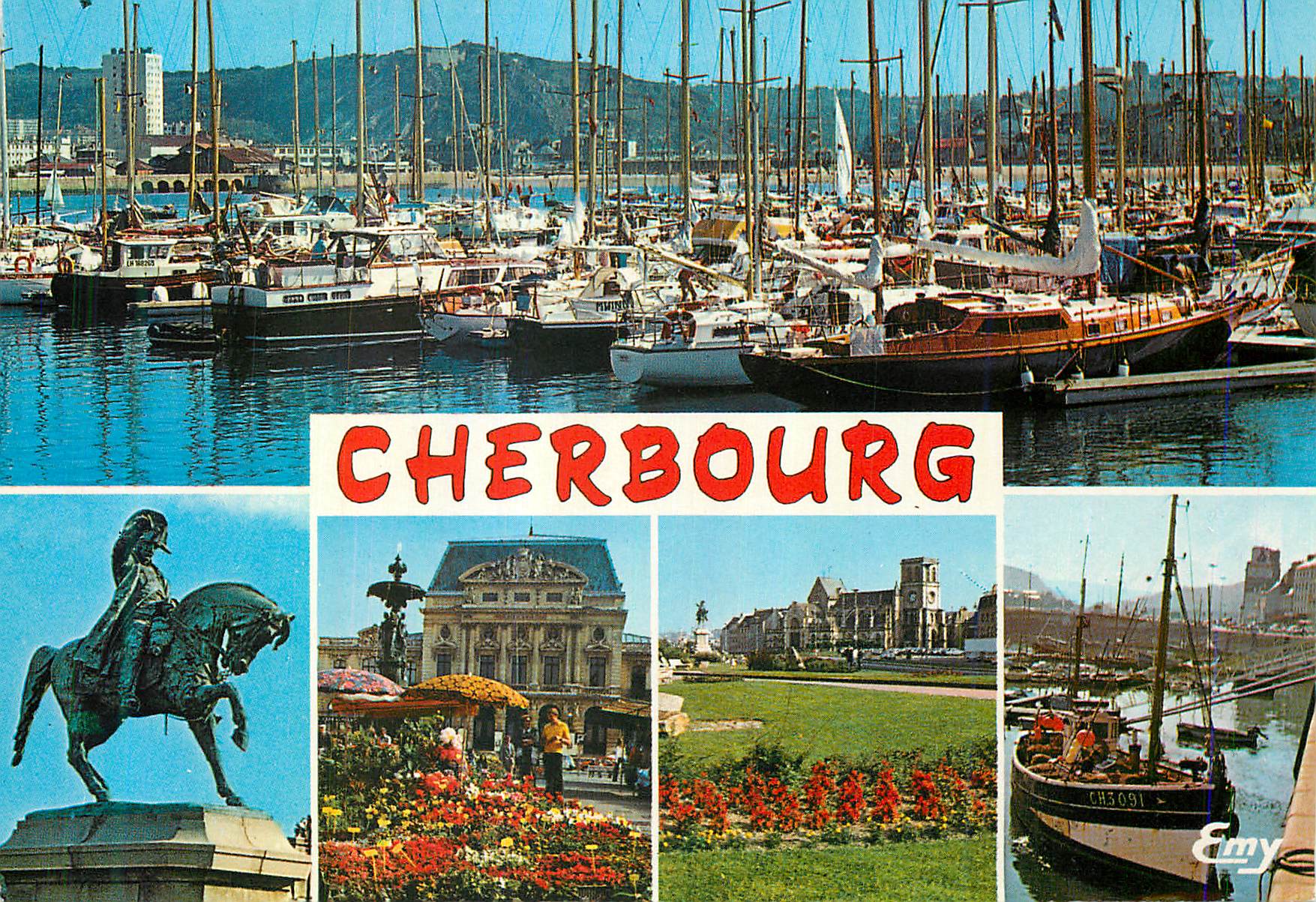 Cherbourg — Port, statue équestre de Napoléon, marché aux fleurs, église de la Trinité — Éditeur Emy, n° CH3091