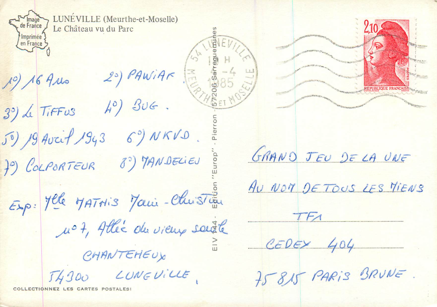 Le Château vu du Parc — Lunéville (Meurthe-et-Moselle) — Édition 'Europ' — Rückseite