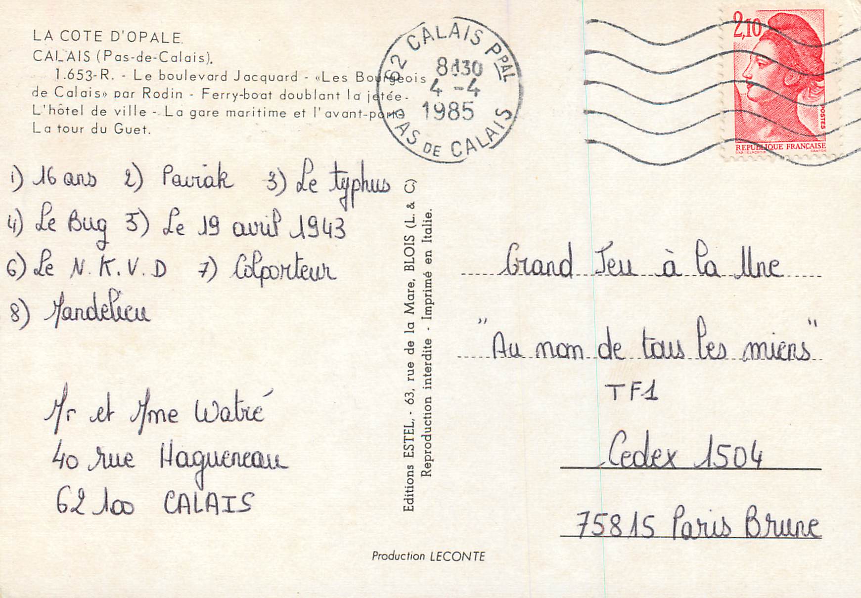 CPM Calais Pas de Calais Le  boulevard Jacquard Bateaux — Rückseite