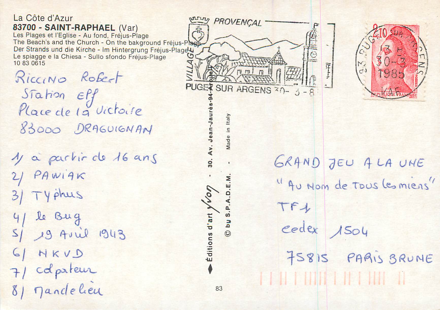 La Côte d'Azur — Saint-Raphaël (Var) — Éditions d'art Lyon — Rückseite