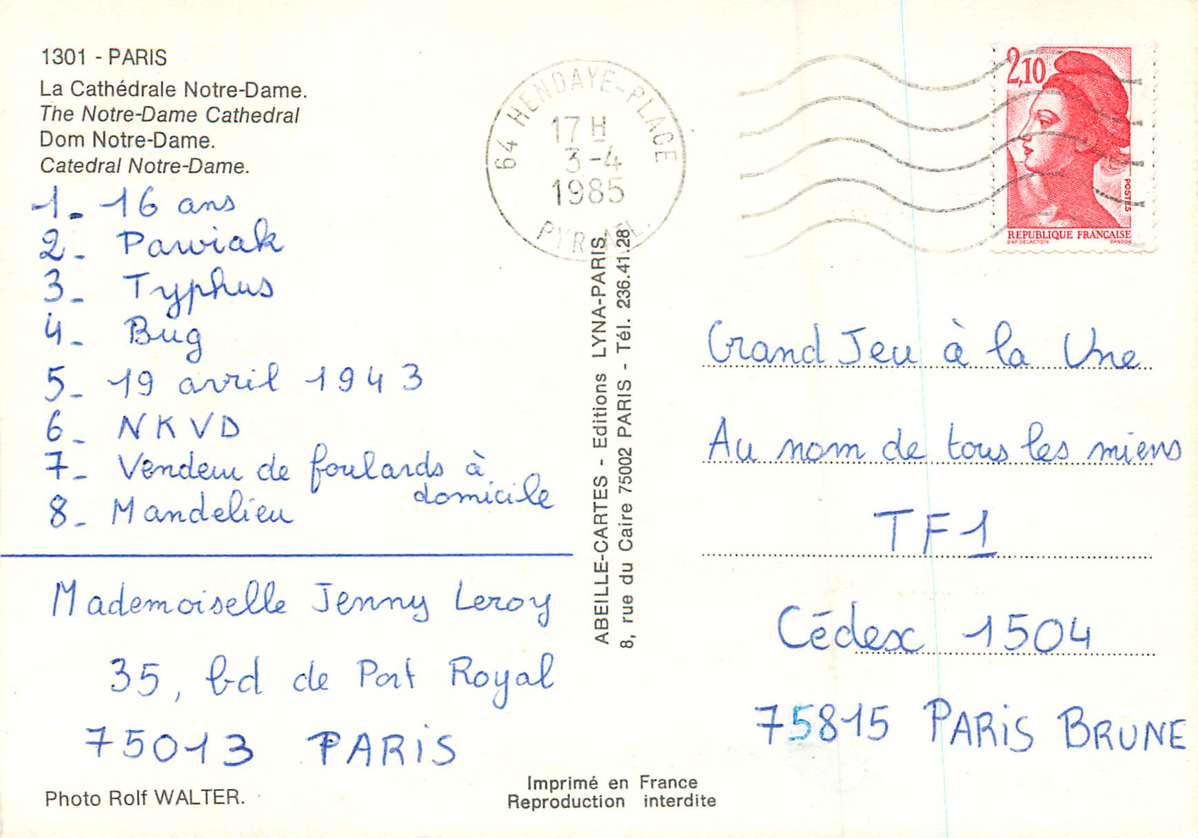 CPM Paris La Cathedrale Notre Dame  — Rückseite