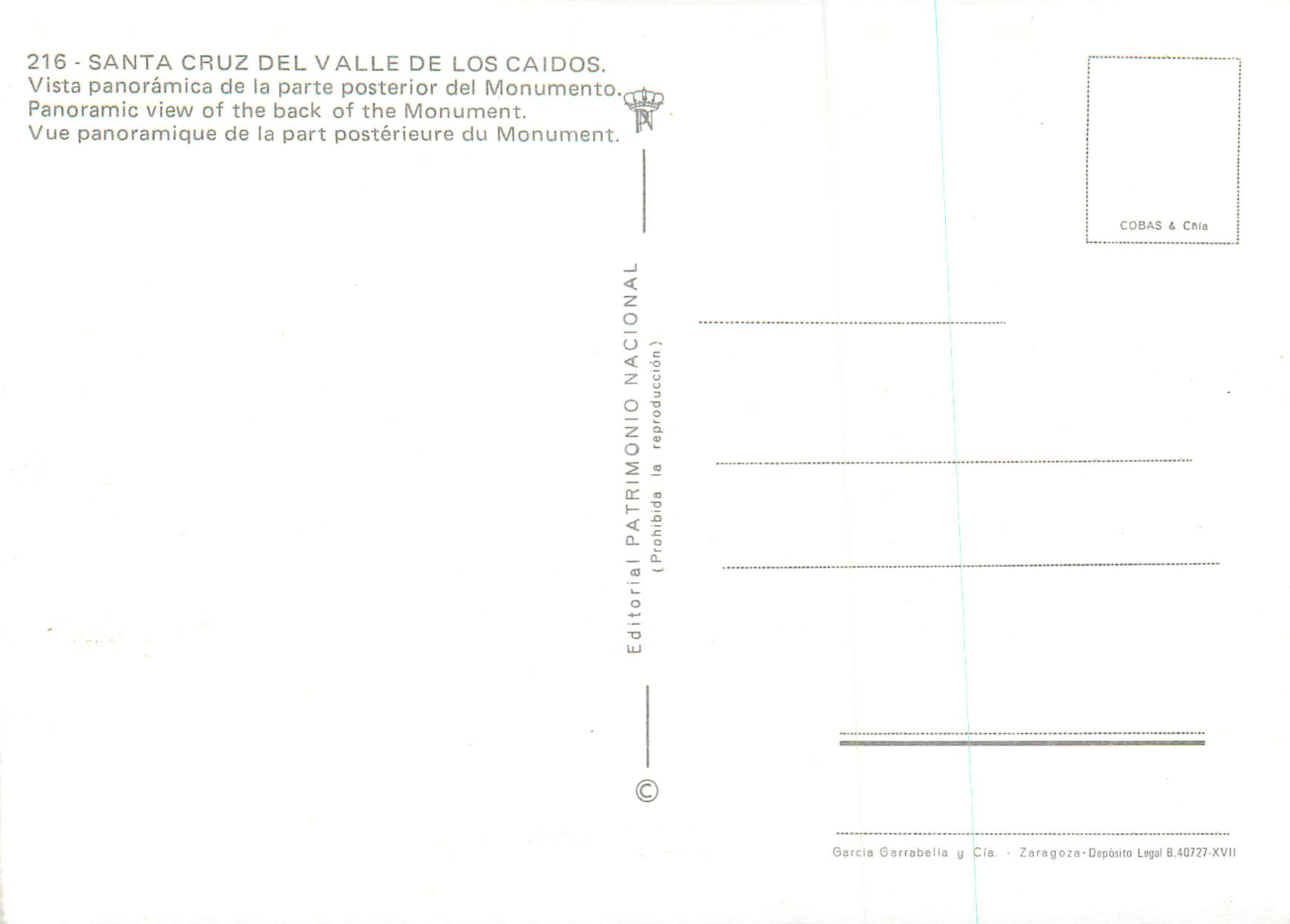 Santa Cruz del Valle de los Caídos — Vue panoramique de la partie postérieure du Monument — Éditeur Garcia Garrabellia y Cía, série 216 — Back