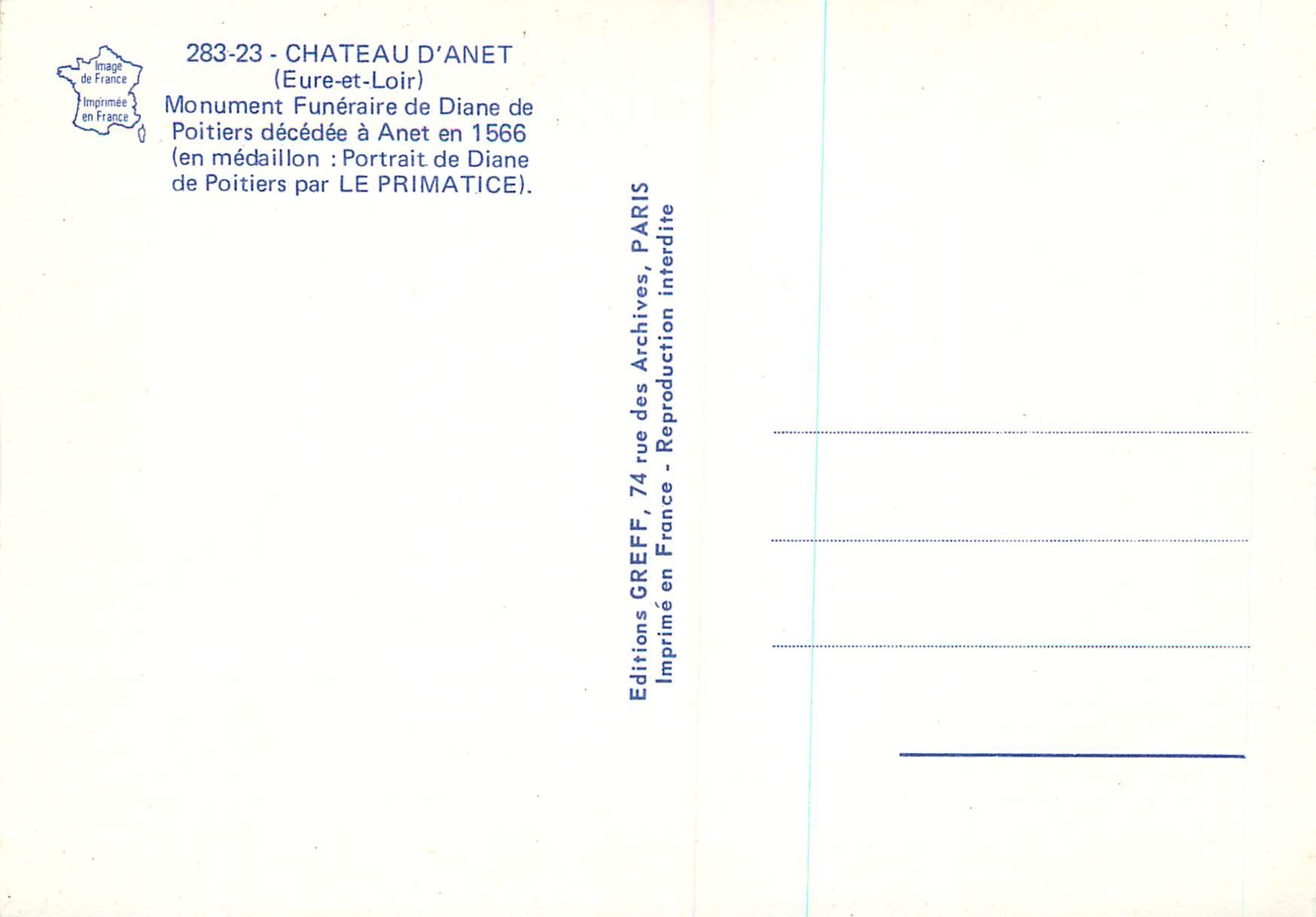 CPM Chateau d Anet Eure et Loir Monument Funeraire de Diane de Poitiers  — Rückseite