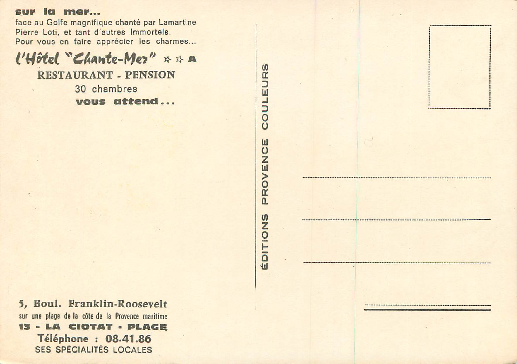 CPM Sur la Mer face au Golfe magnifique chambre par Lamartine Restaurant Pension Boul Franklin Roosevelt La Ciotat — Rückseite