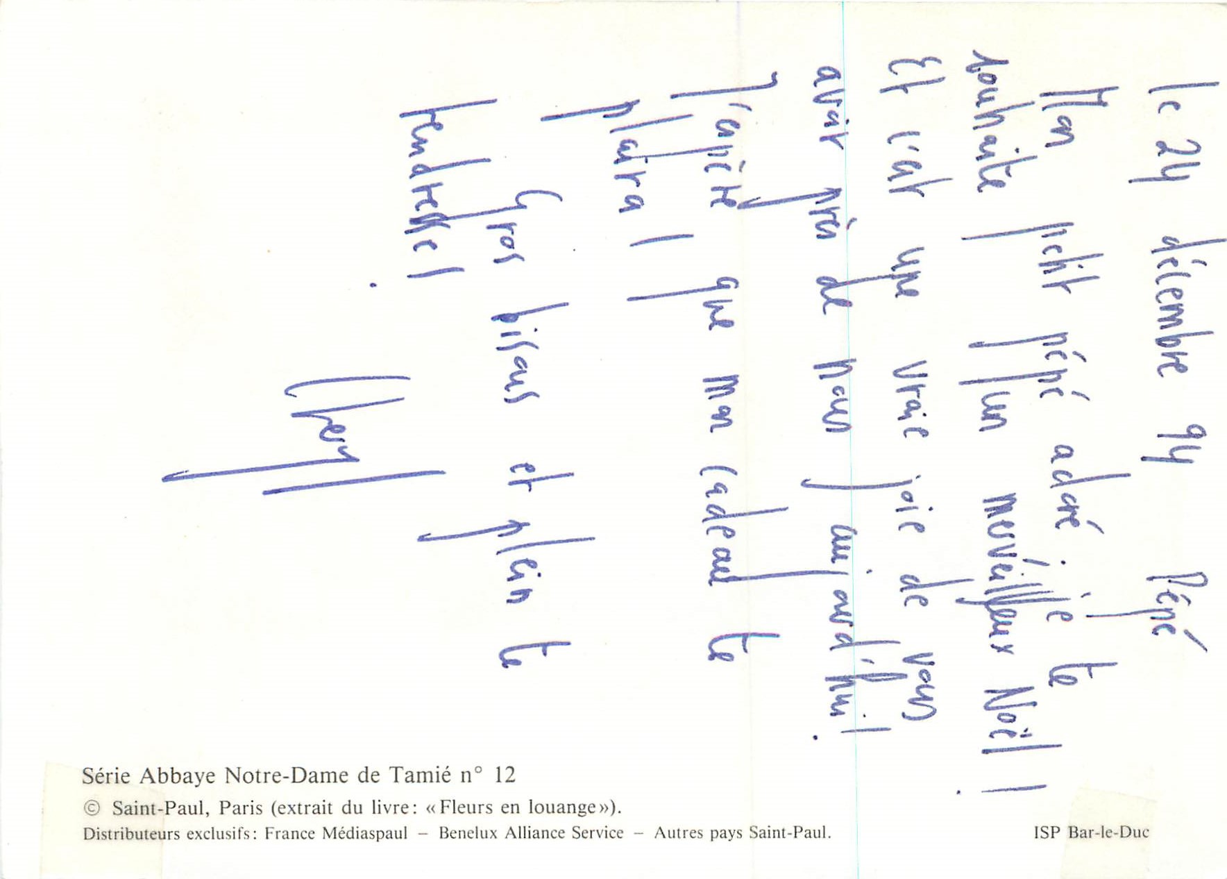 CPM Serie Abbaye Notre Dame de Tamie Saint Paul Paris  — Verso
