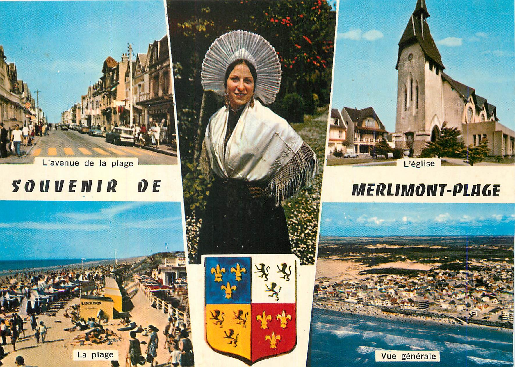 CPM Merlimont Plage P de C L'avenue de la plage L'eglise La plage Vue generale Folklore