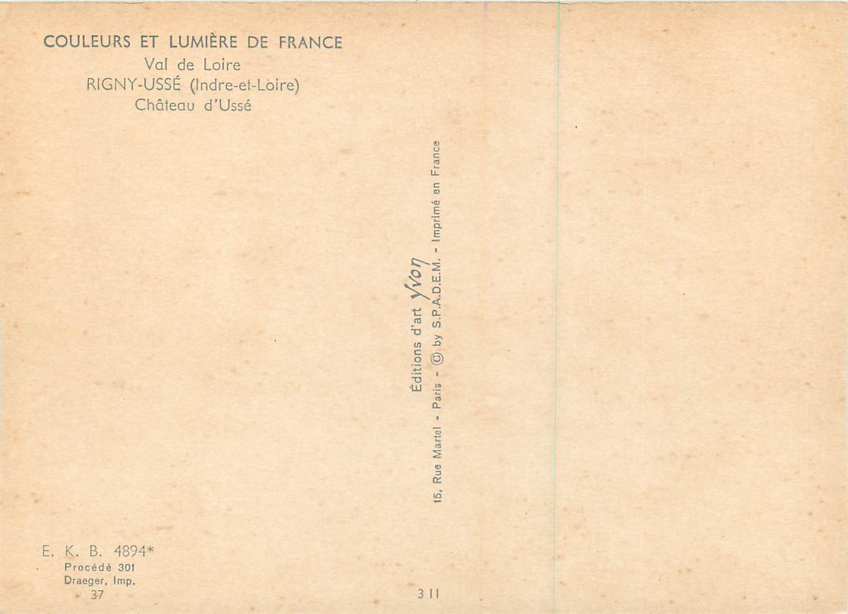 CPM Rigny Usse Indre et Loire Chateau d Usse  — Rückseite