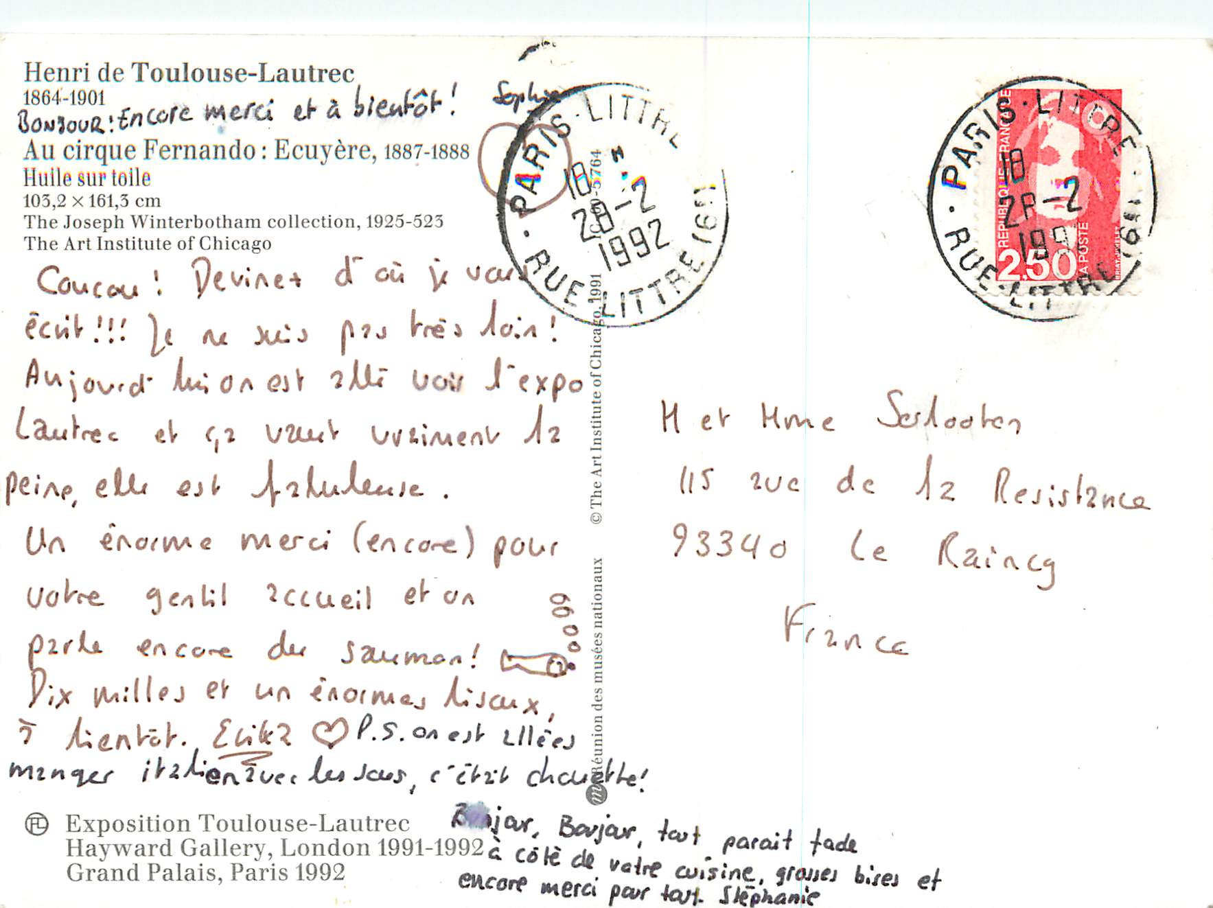 CPM Henri de Toulouse Lautrec Au cirque Fernando  — Verso