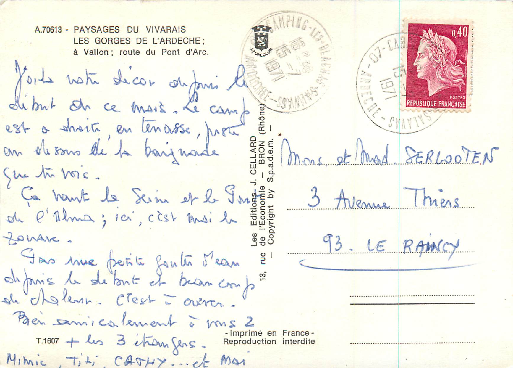 Les Gorges de l'Ardeche — Vallon; route du Pont d'Arc — Les Éditions J. Cellard — Verso