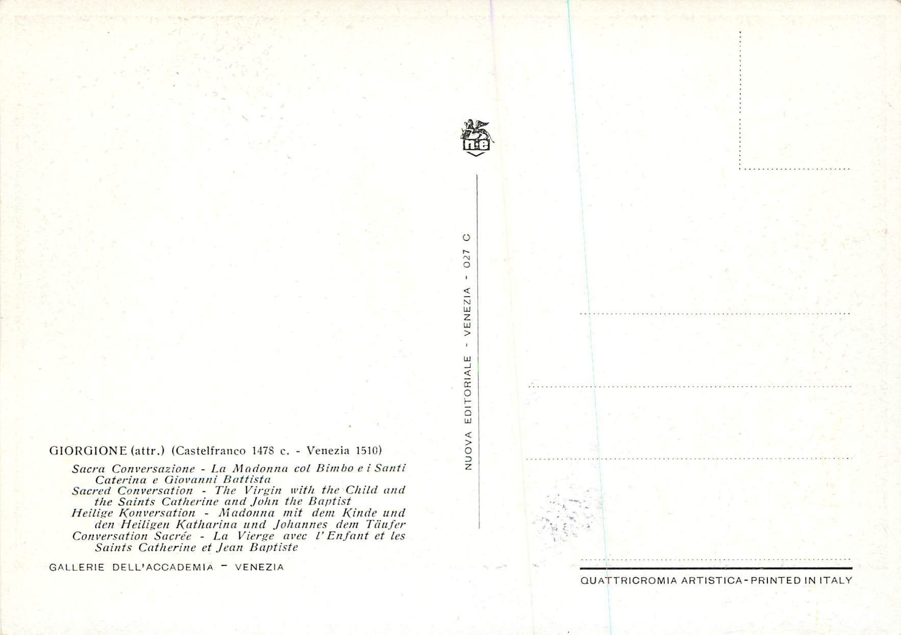 CPM Giorgone Castelfranco Venezia Sacra Conversazione La Madonna col Bimbo ef Santi Caterina e Giovanni Battista  — Verso