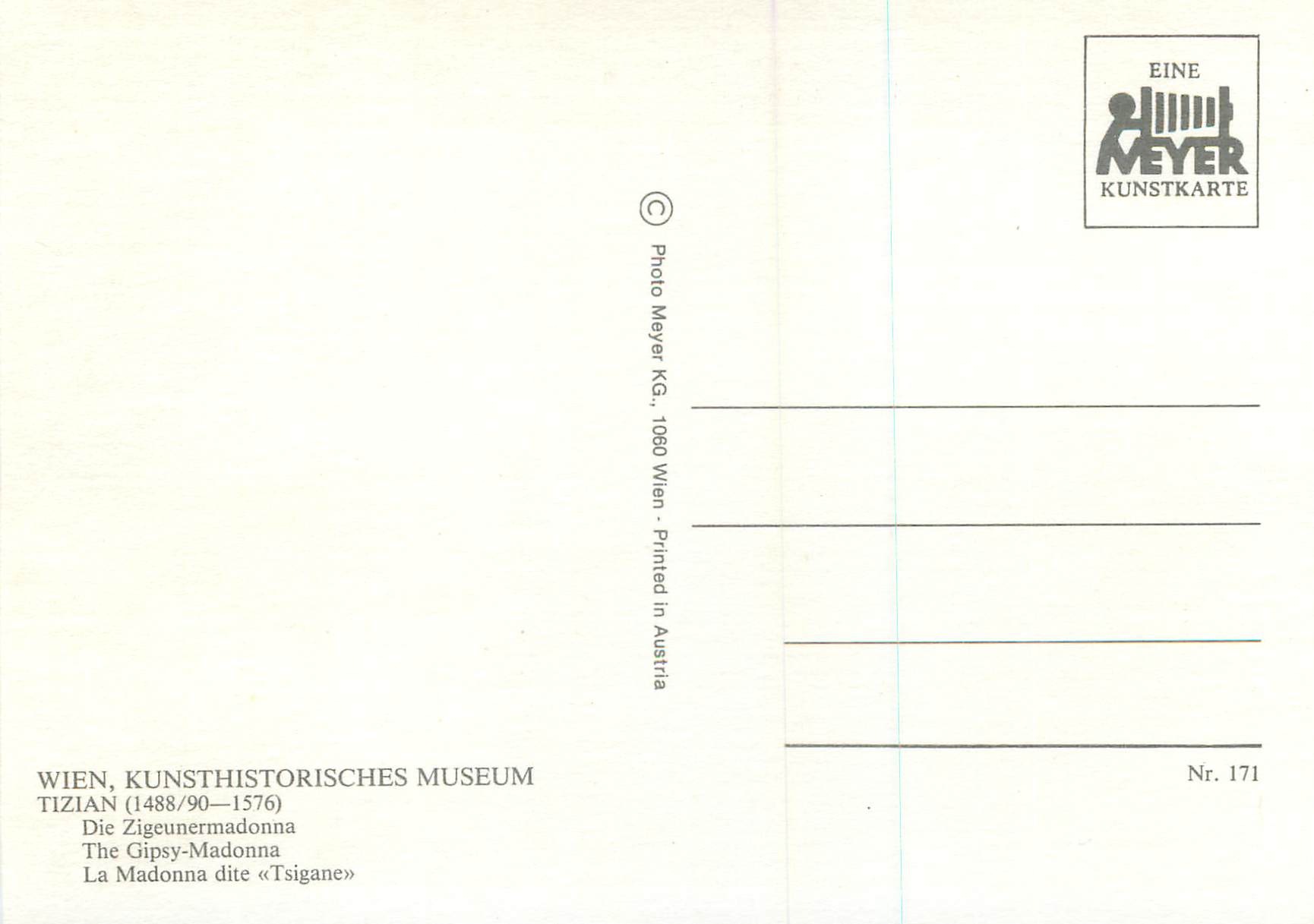 CPM Wien Kunsthistorisches Museum Tizian La Madonna dite  — Verso
