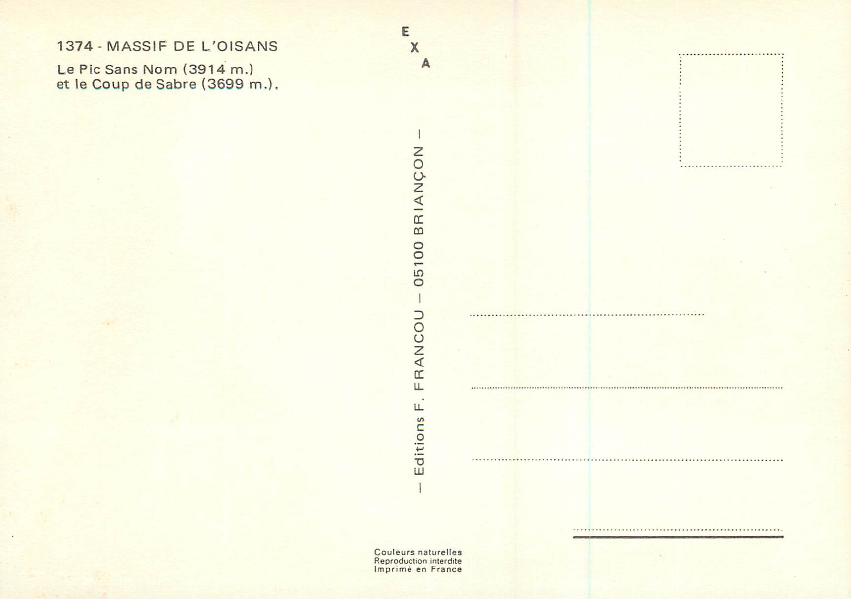Massif de l'Oisans — Le Pic Sans Nom (3914 m.) et le Coup de Sabre (3699 m.) — Editions F. Francou — Verso