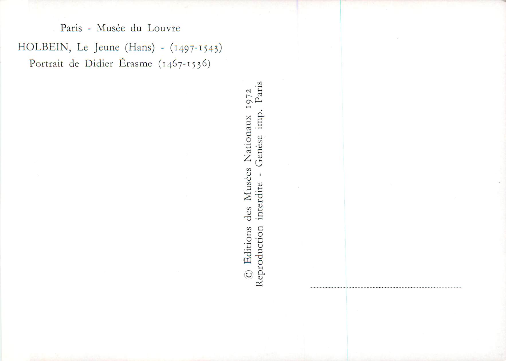 Portrait de Didier Érasme — par Holbein le Jeune — Éditions des Musées Nationaux, Paris 1972 — Rückseite